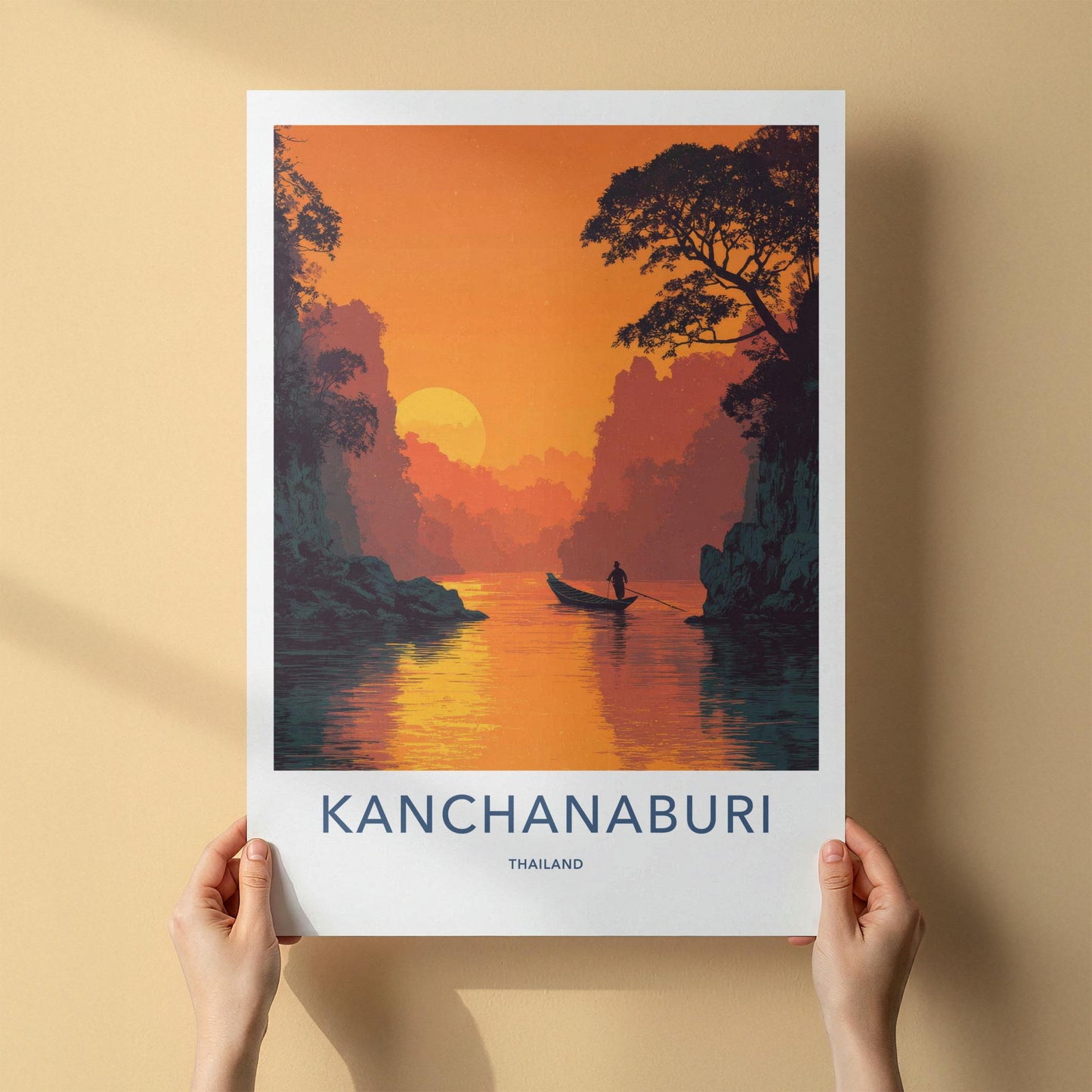 Kanchanaburi Poster - Thailand Travel Art - Sunset River Boat Home Decor