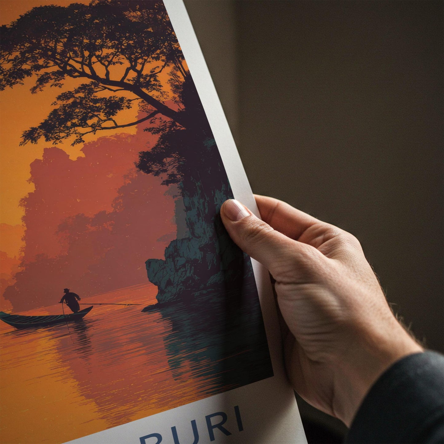 Kanchanaburi Poster - Thailand Travel Art - Sunset River Boat Home Decor