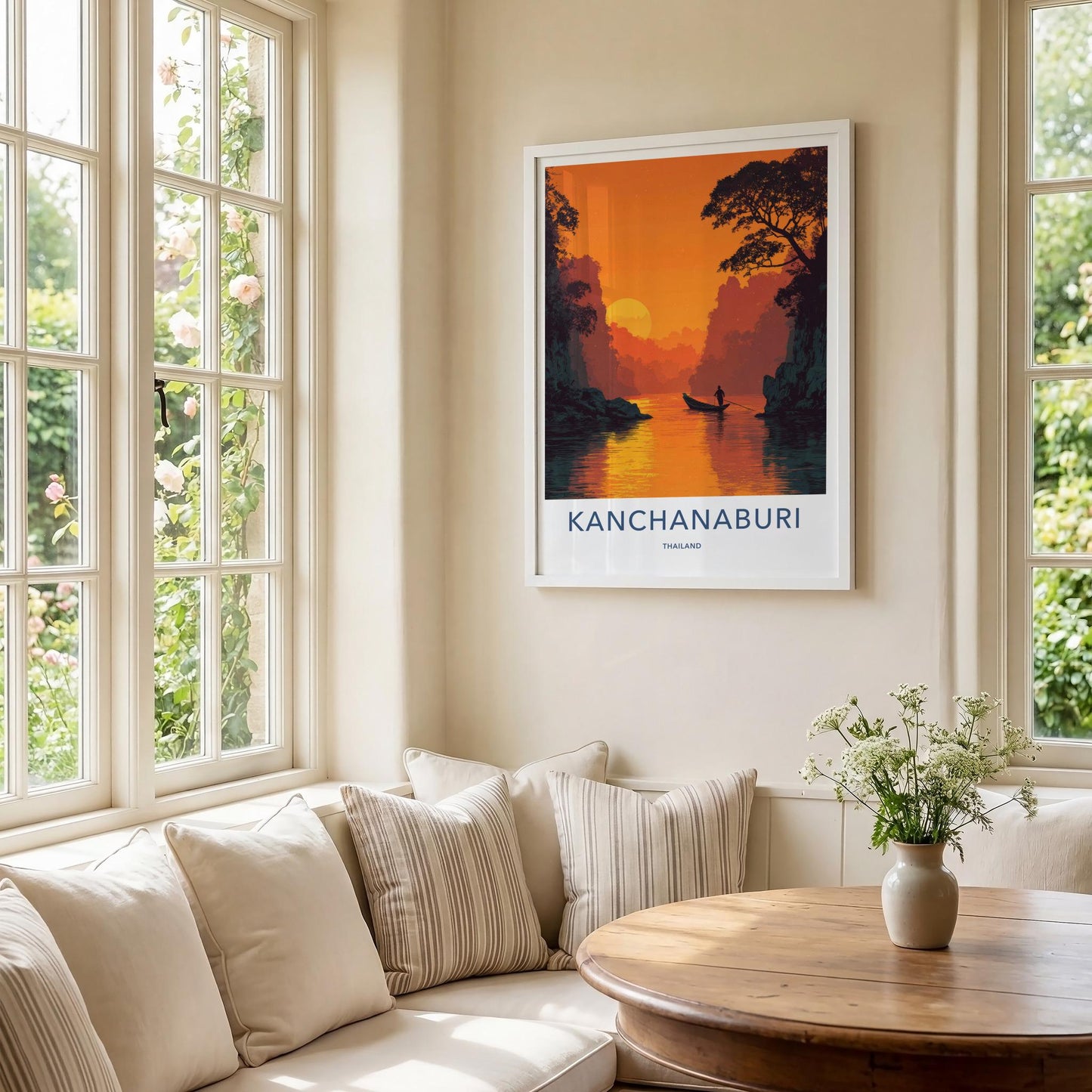 Kanchanaburi Poster - Thailand Travel Art - Sunset River Boat Home Decor