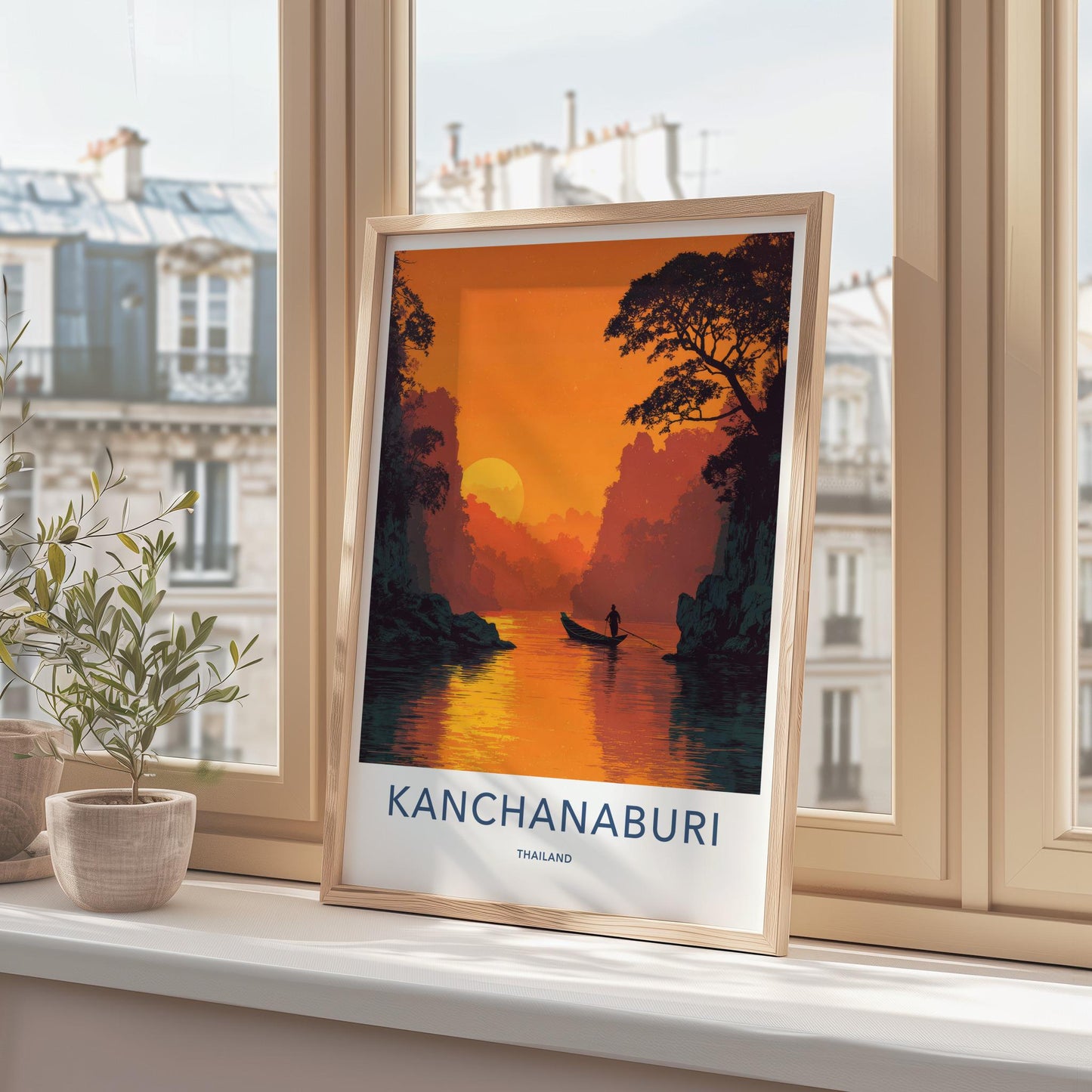 Kanchanaburi Poster - Thailand Travel Art - Sunset River Boat Home Decor