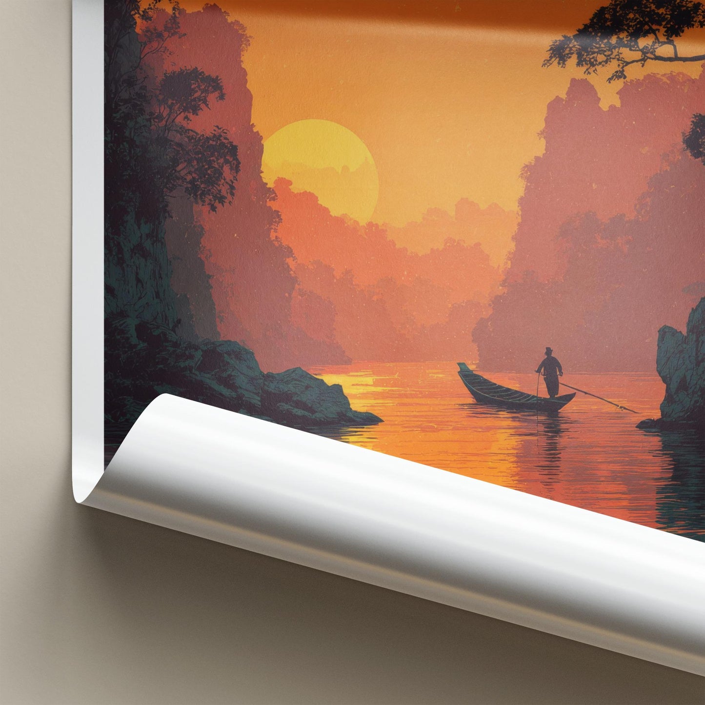 Kanchanaburi Poster - Thailand Travel Art - Sunset River Boat Home Decor