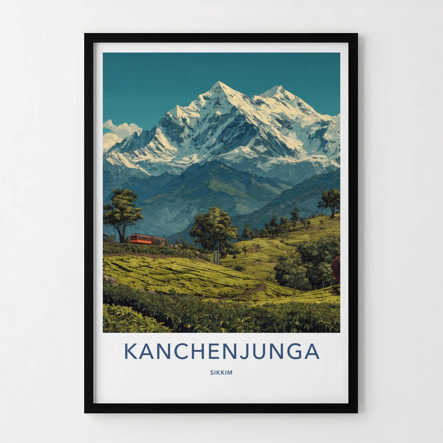 Kanchenjunga Poster - India Travel Art - Sikkim Tea Plantation Train Home Decor