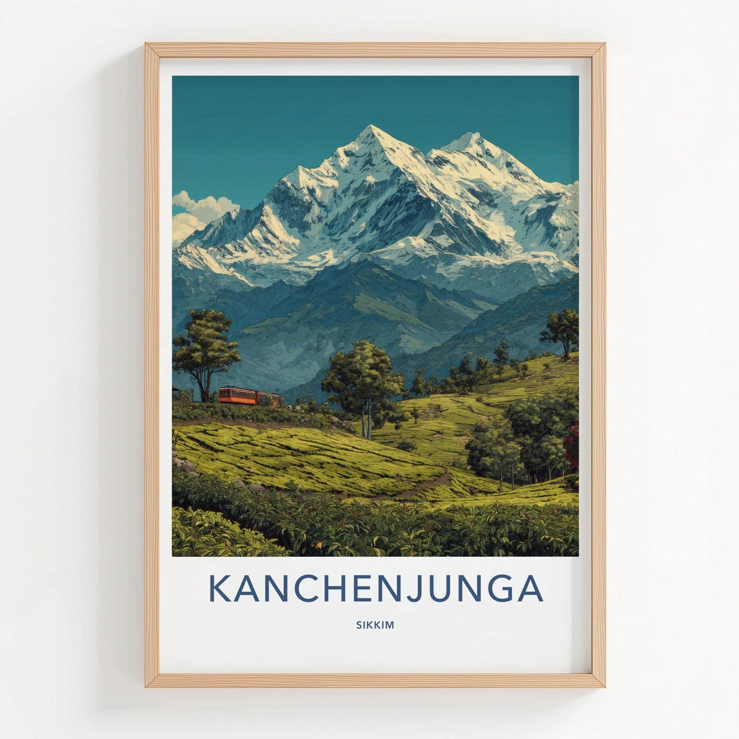 Kanchenjunga Poster - India Travel Art - Sikkim Tea Plantation Train Home Decor