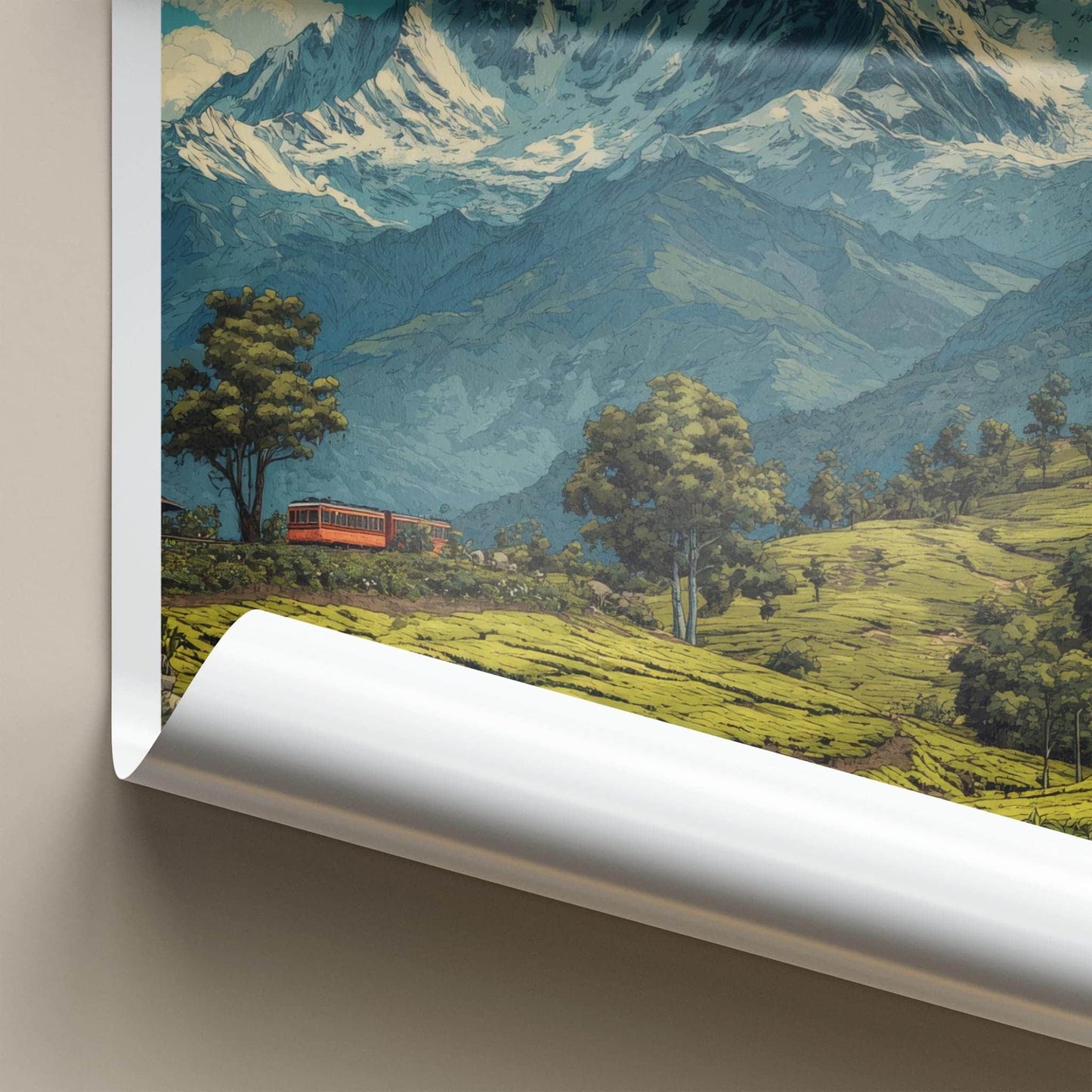 Kanchenjunga Poster - India Travel Art - Sikkim Tea Plantation Train Home Decor