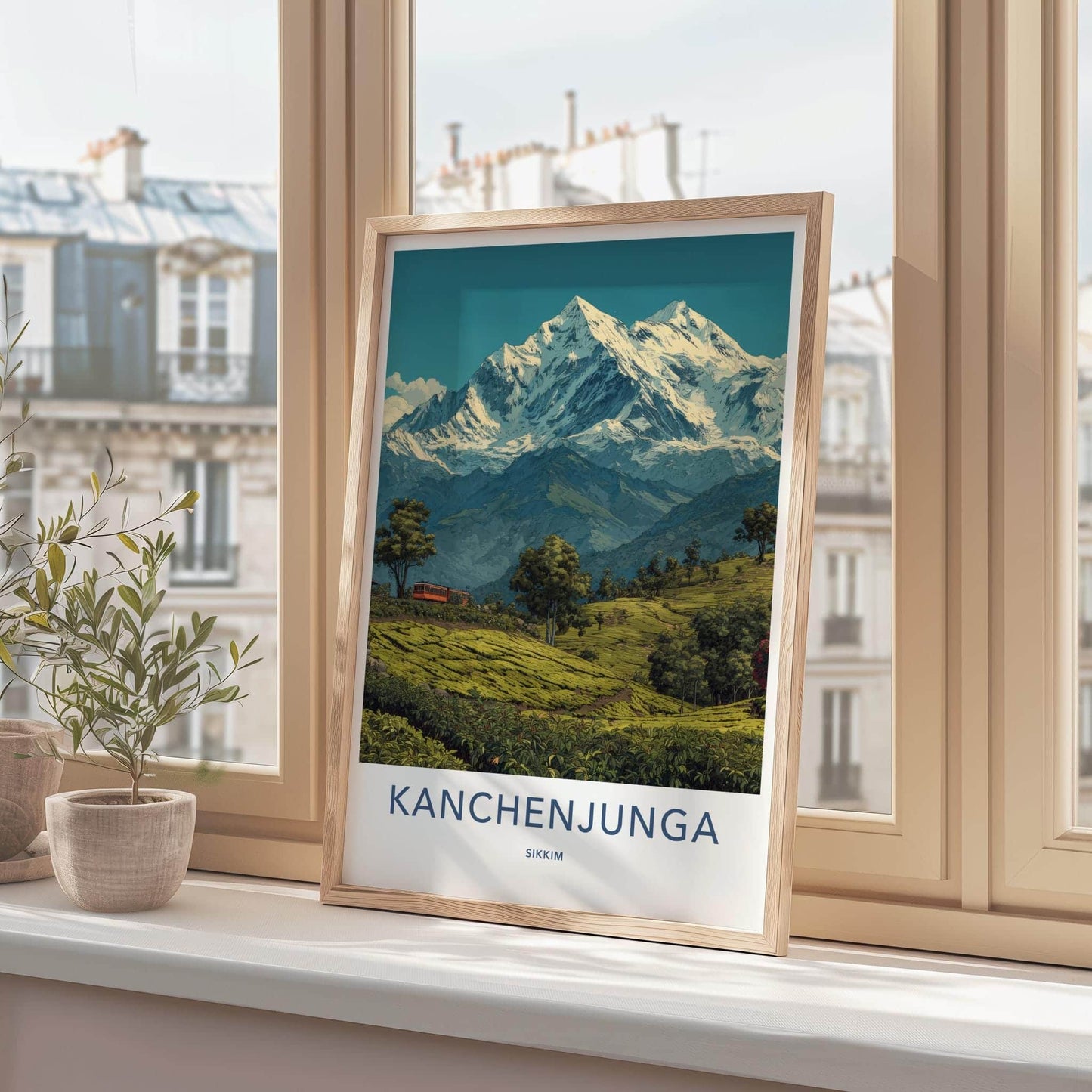 Kanchenjunga Poster - India Travel Art - Sikkim Tea Plantation Train Home Decor