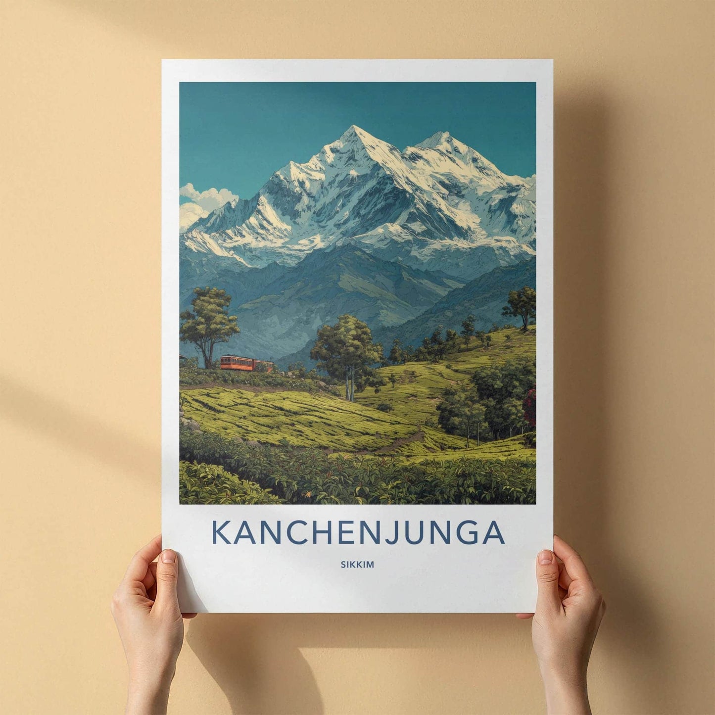 Kanchenjunga Poster - India Travel Art - Sikkim Tea Plantation Train Home Decor