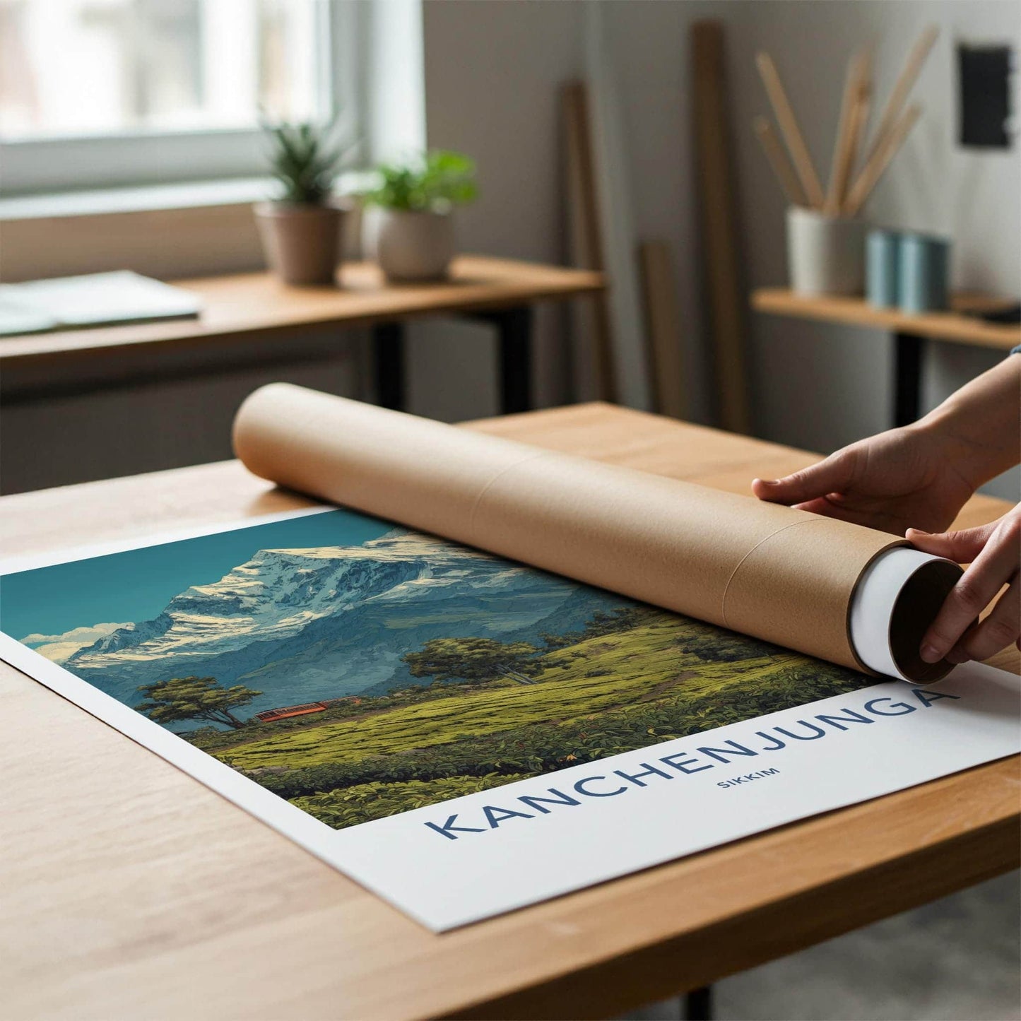 Kanchenjunga Poster - India Travel Art - Sikkim Tea Plantation Train Home Decor