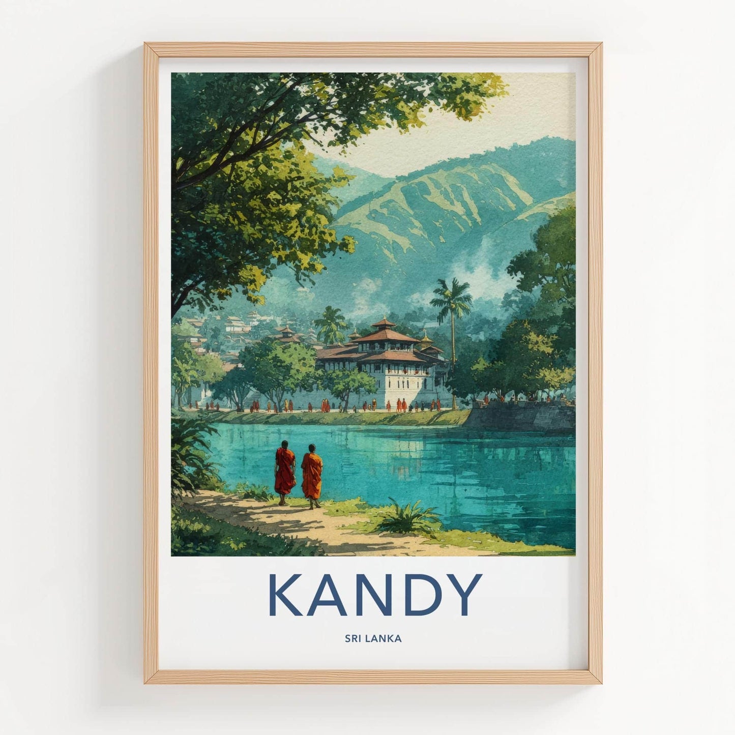 Kandy Poster - Sri Lanka Travel Print - Buddhist Monastery Waterside Lounge Decor