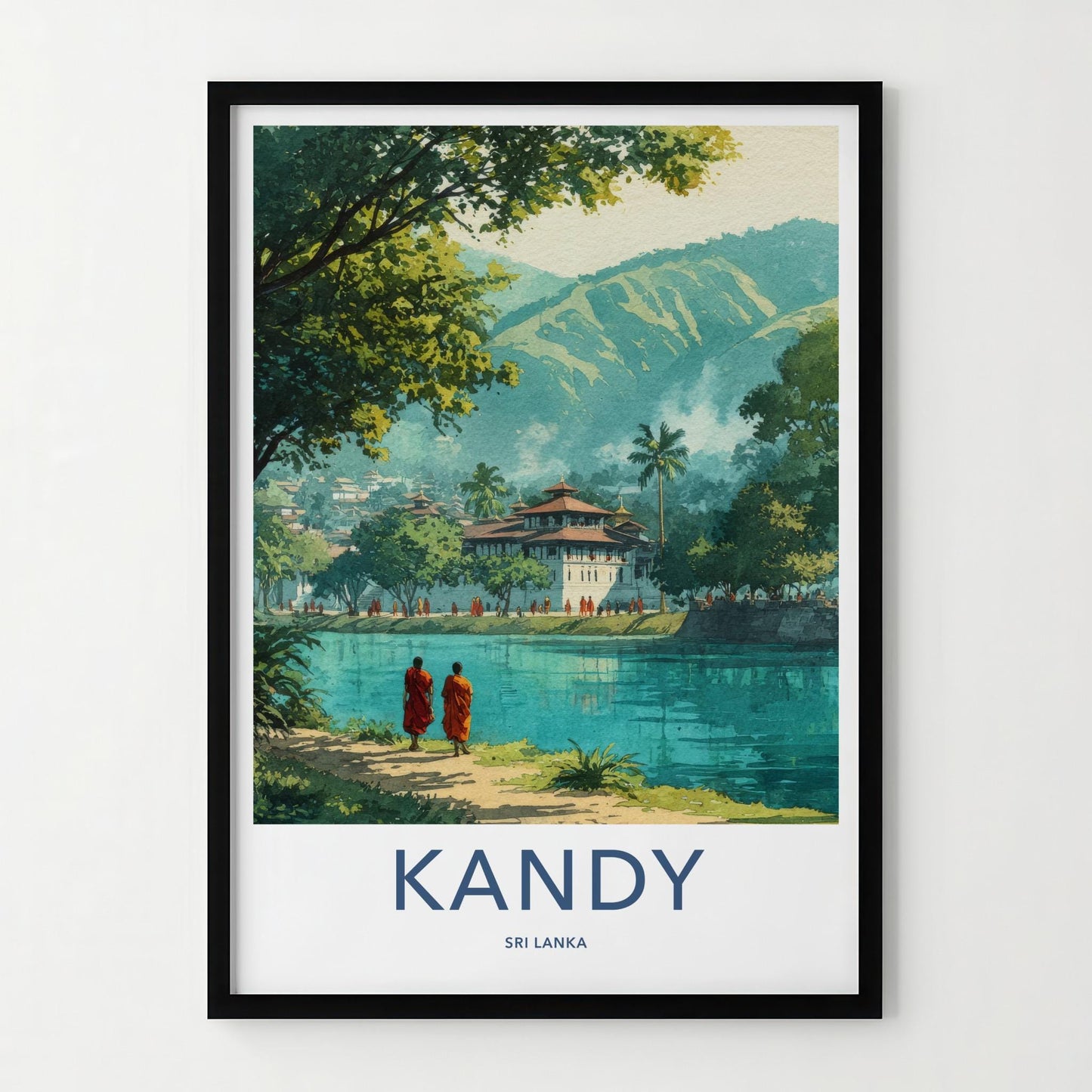 Kandy Poster - Sri Lanka Travel Print - Buddhist Monastery Waterside Lounge Decor