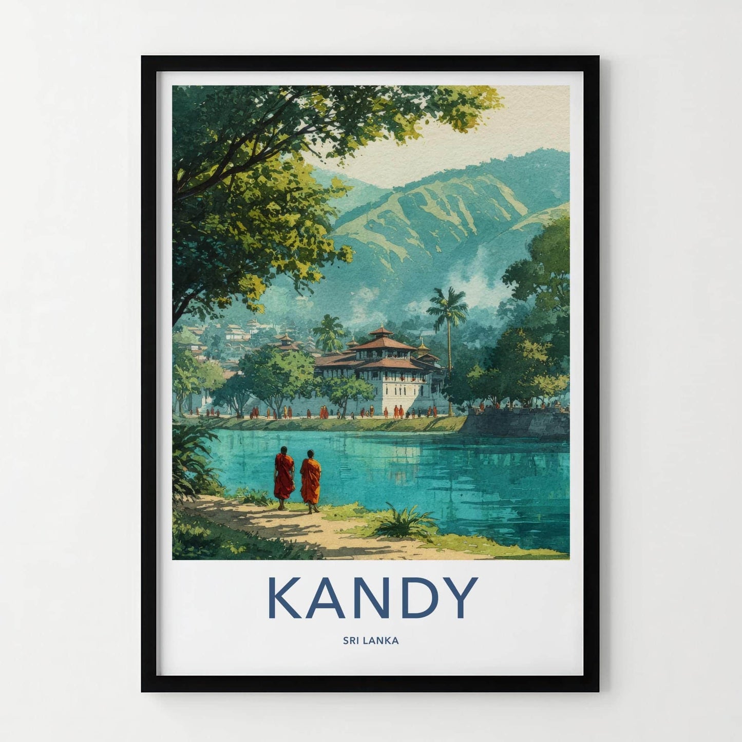 Kandy Poster - Sri Lanka Travel Print - Buddhist Monastery Waterside Lounge Decor