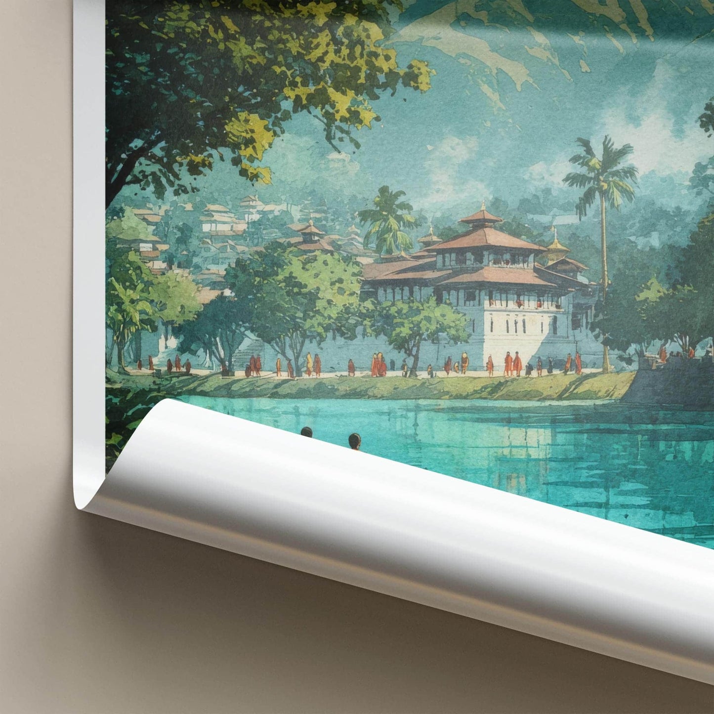 Kandy Poster - Sri Lanka Travel Print - Buddhist Monastery Waterside Lounge Decor