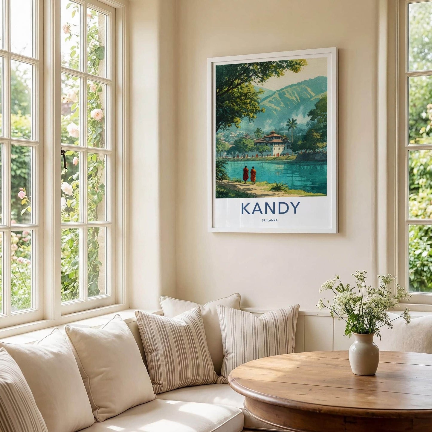 Kandy Poster - Sri Lanka Travel Print - Buddhist Monastery Waterside Lounge Decor
