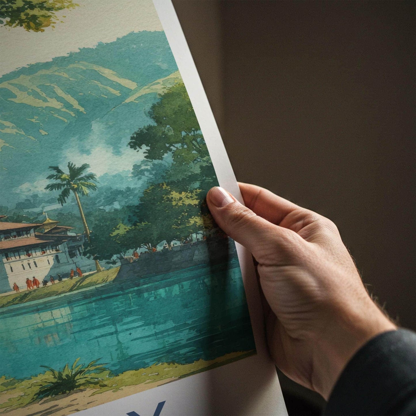 Kandy Poster - Sri Lanka Travel Print - Buddhist Monastery Waterside Lounge Decor