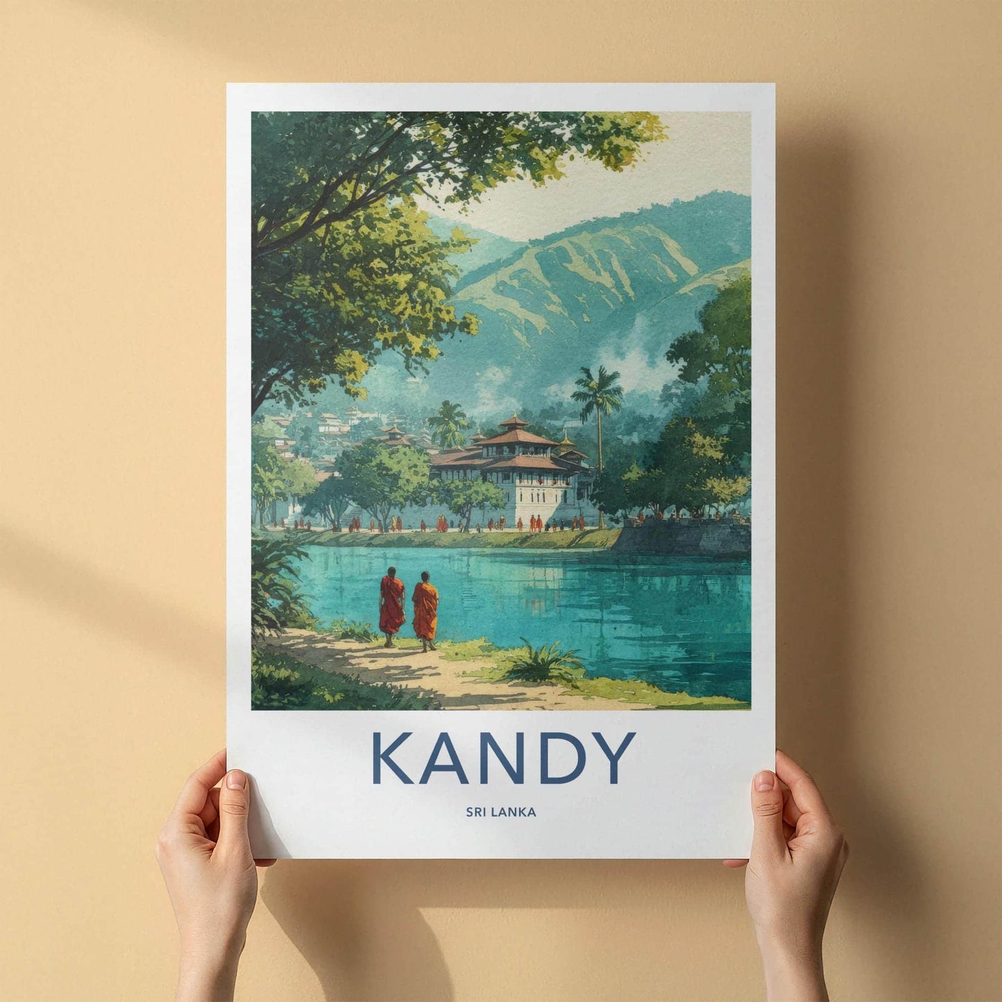 Kandy Poster - Sri Lanka Travel Print - Buddhist Monastery Waterside Lounge Decor