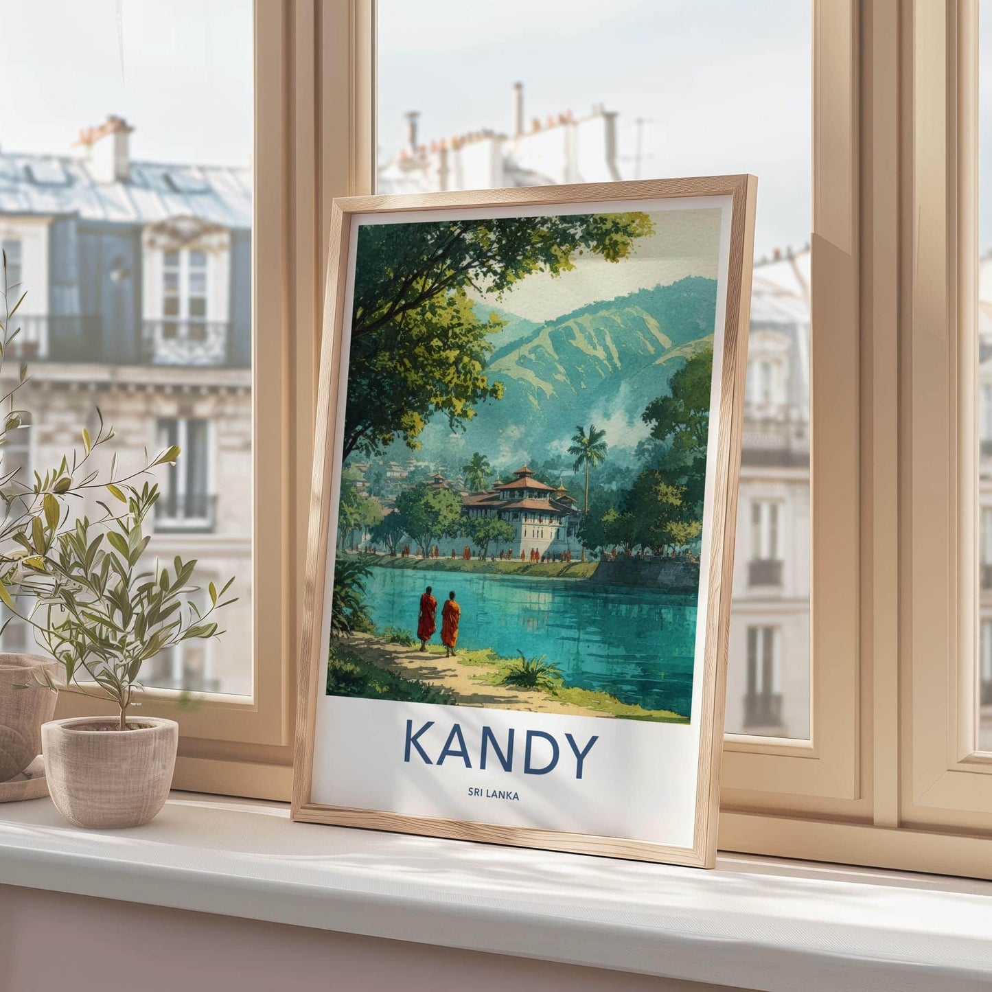 Kandy Poster - Sri Lanka Travel Print - Buddhist Monastery Waterside Lounge Decor