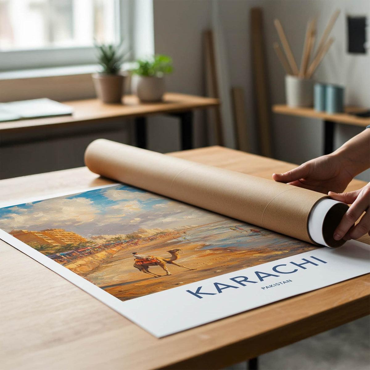 Karachi Poster - Pakistan Travel Art - Camel Rider Beach Home Decor