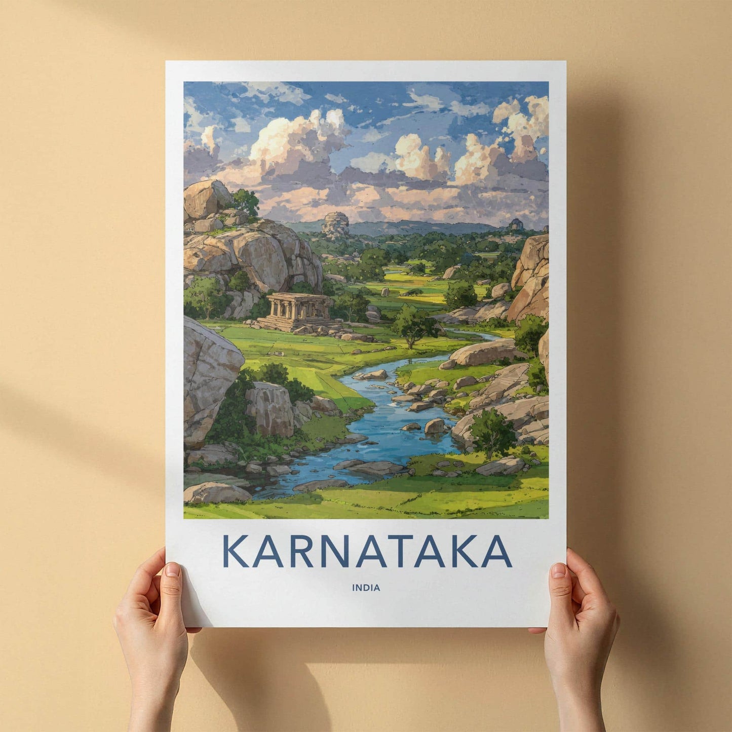 Karnataka Poster - India Travel Art - Karnataka Ancient Temple River Home Decor