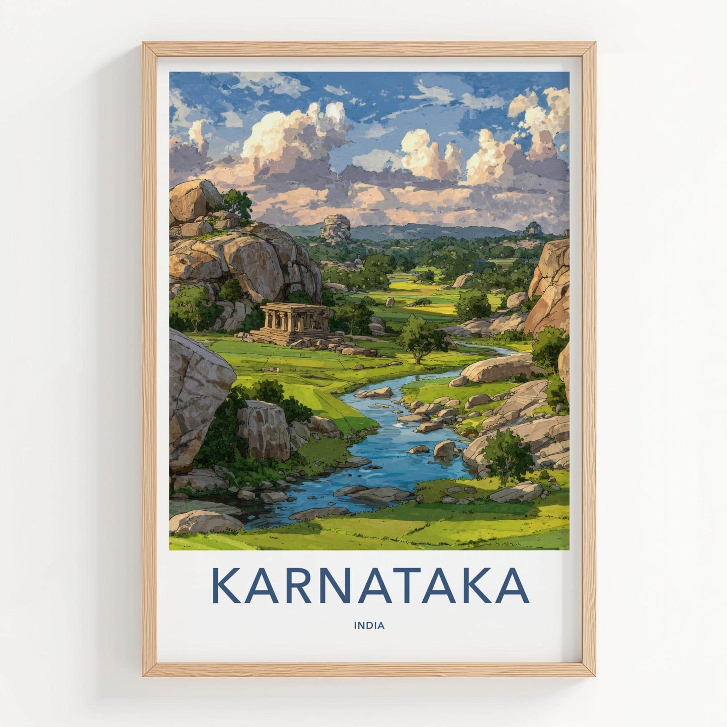 Karnataka Poster - India Travel Art - Karnataka Ancient Temple River Home Decor