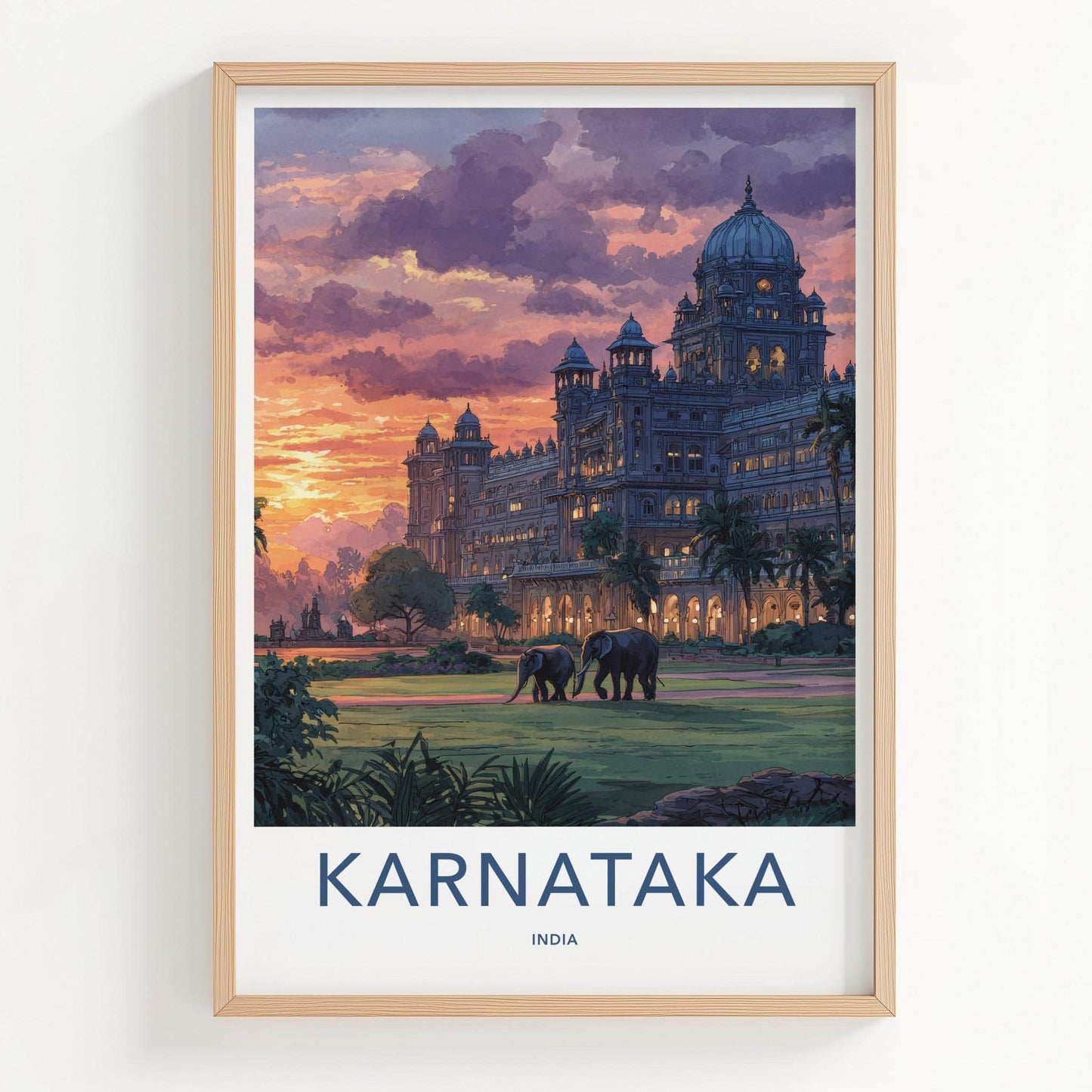 Karnataka Poster - India Travel Art - Karnataka Dusk Palace Elephants Home Decor