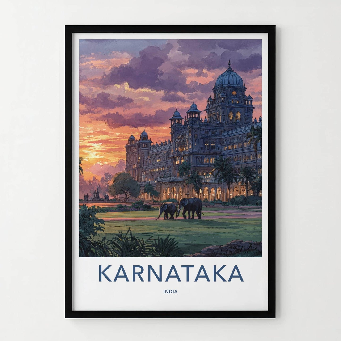 Karnataka Poster - India Travel Art - Karnataka Dusk Palace Elephants Home Decor