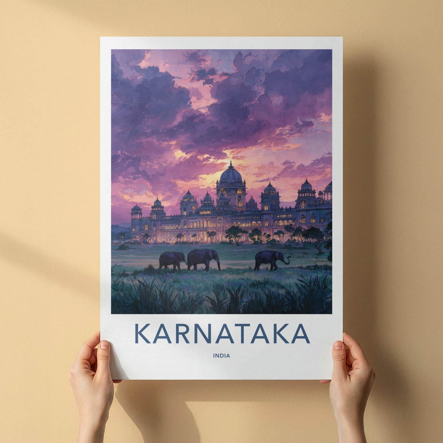Karnataka Poster - India Travel Art - Karnataka Sunset Palace Elephants Home Decor
