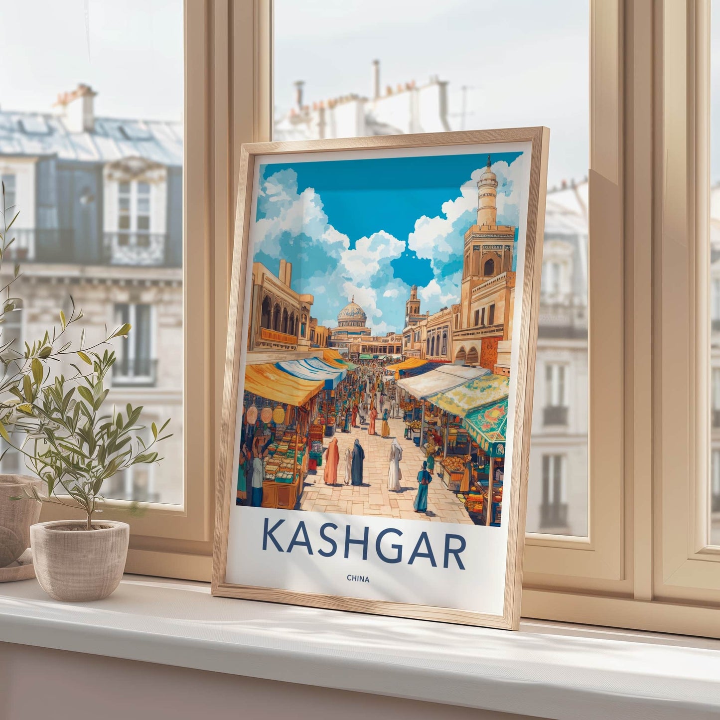 Kashgar Poster - China Travel Art - Bustling Market Street Wall Decor