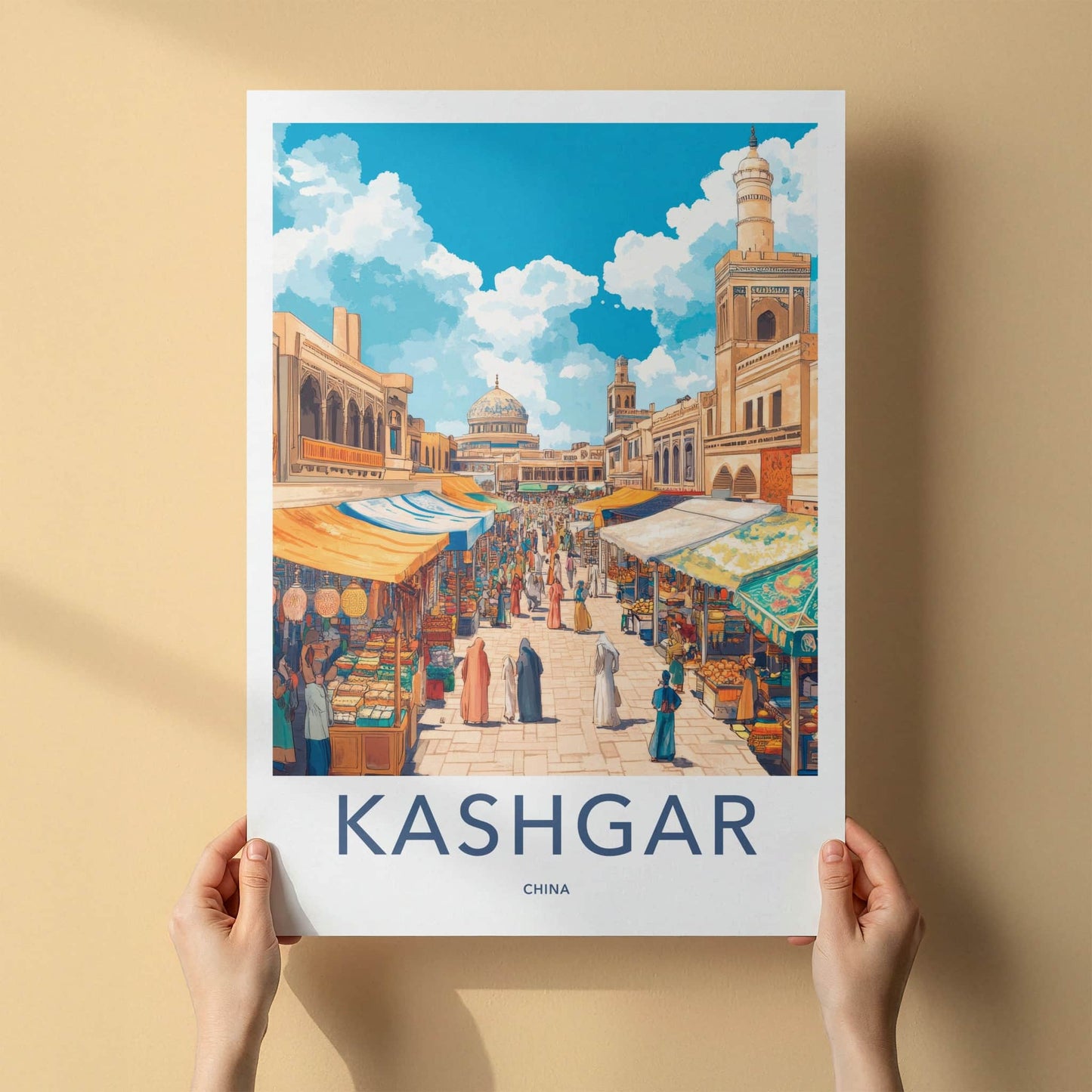 Kashgar Poster - China Travel Art - Bustling Market Street Wall Decor