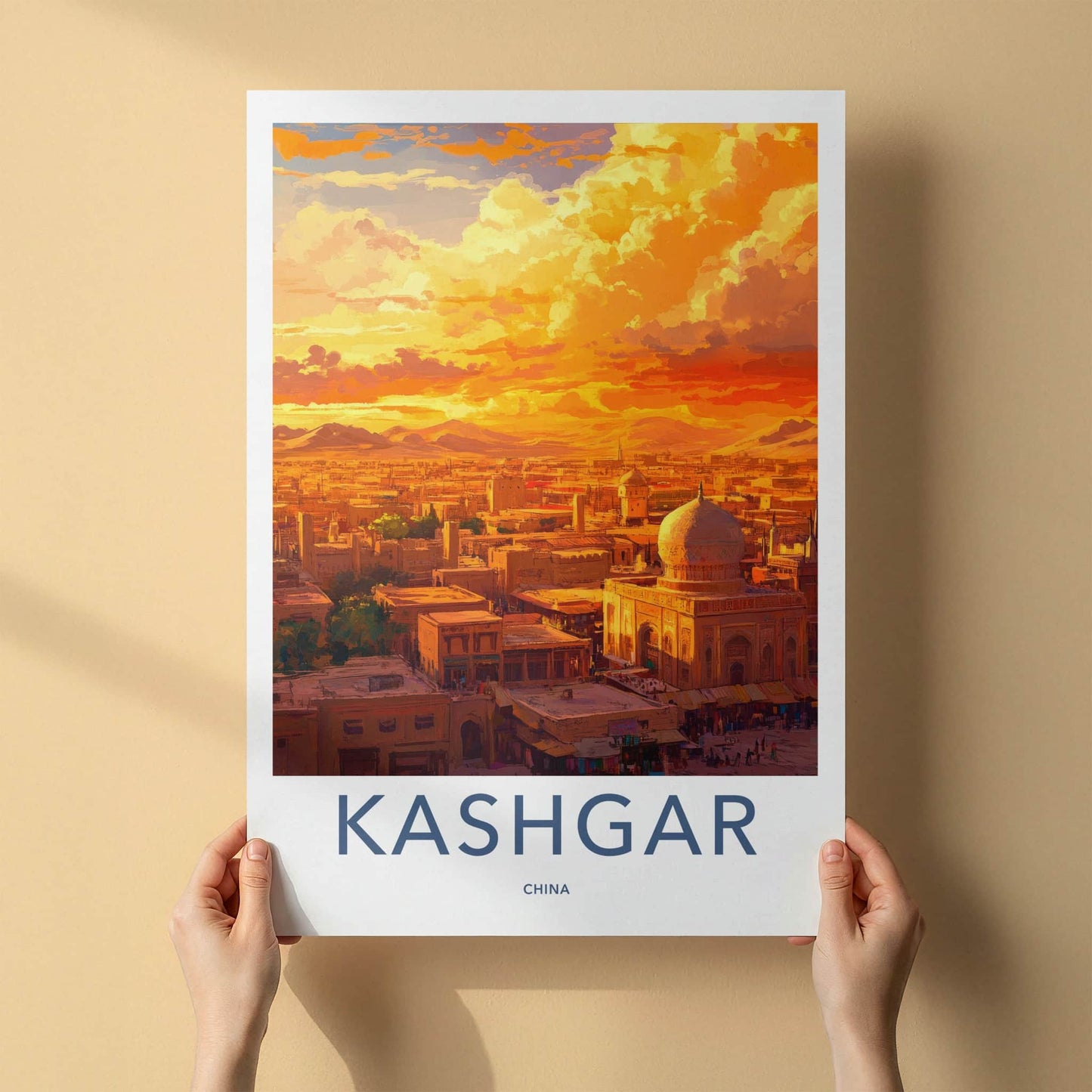 Kashgar Poster - China Travel Art - Vibrant City Mountains Home Decor