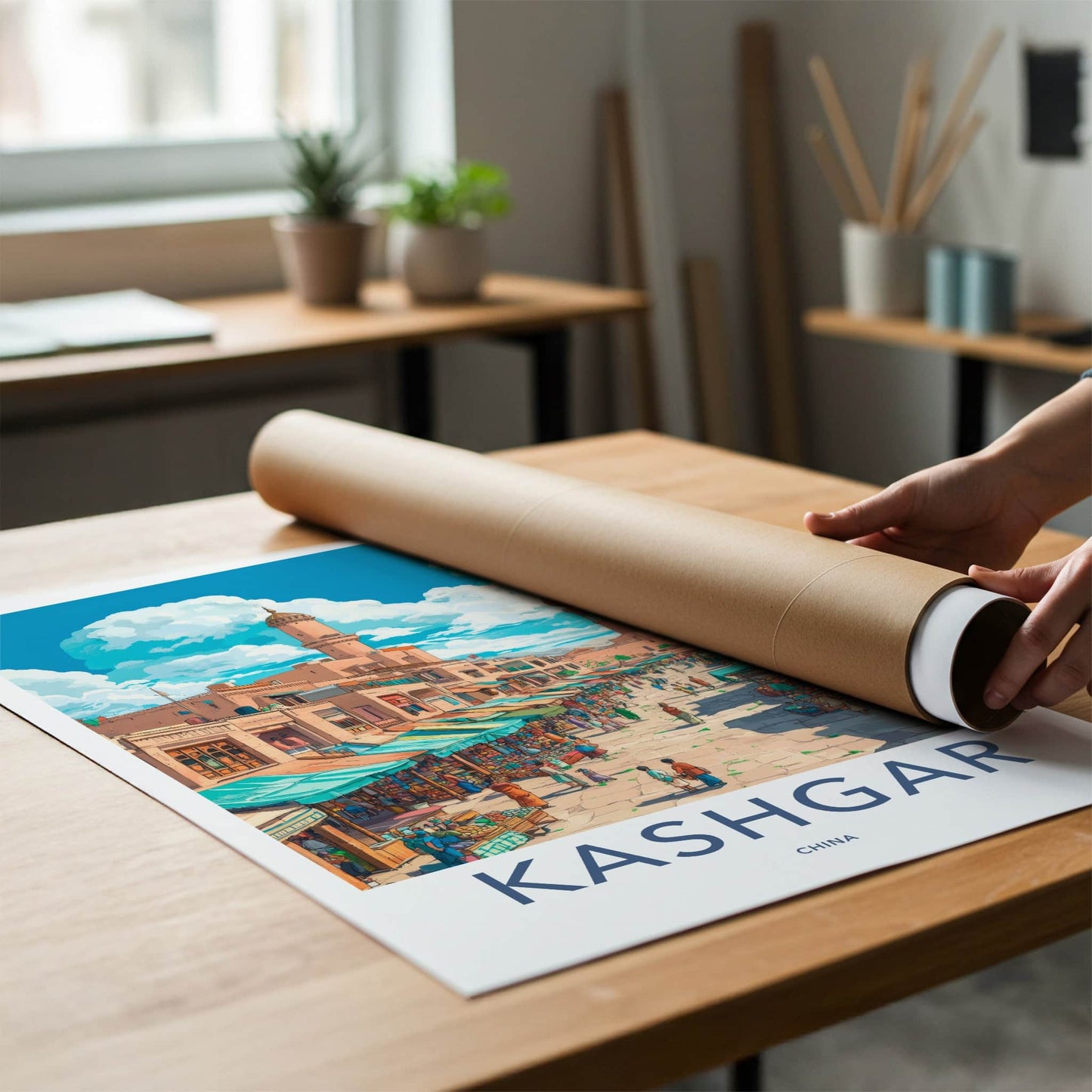Kashgar Poster - China Travel Print - Vibrant Market Scene Lounge Decor