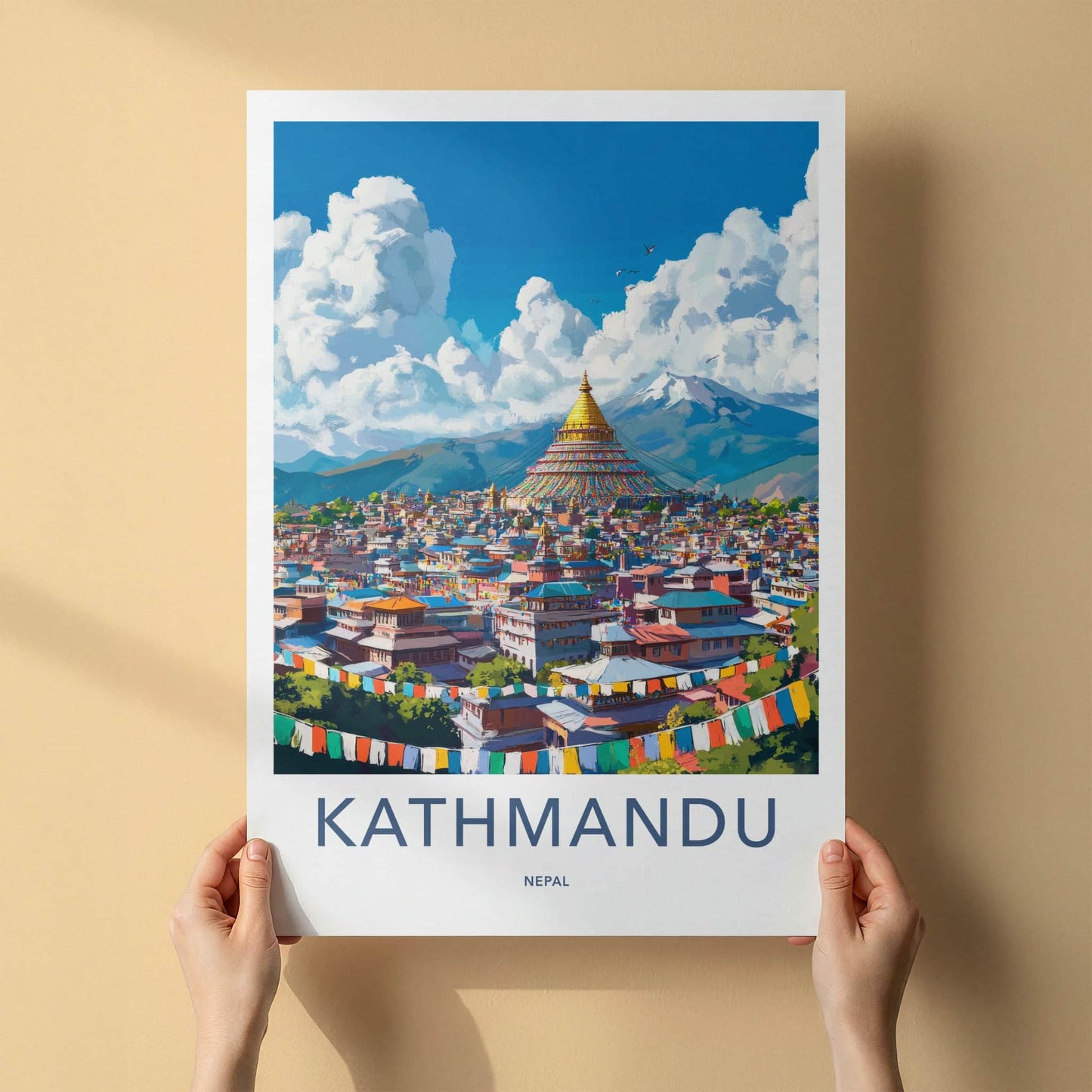 Kathmandu Poster - Nepal Travel Art - Golden Stupa City Home Decor