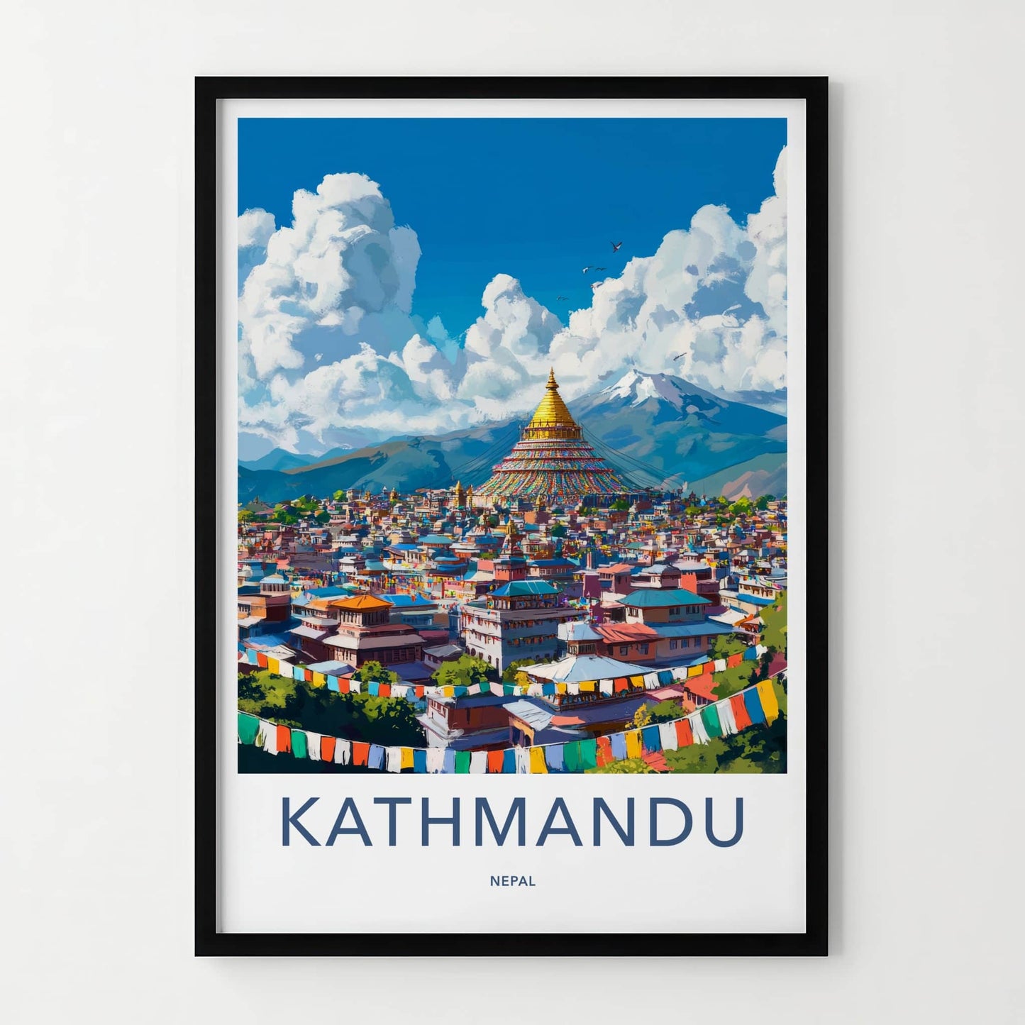 Kathmandu Poster - Nepal Travel Art - Golden Stupa City Home Decor