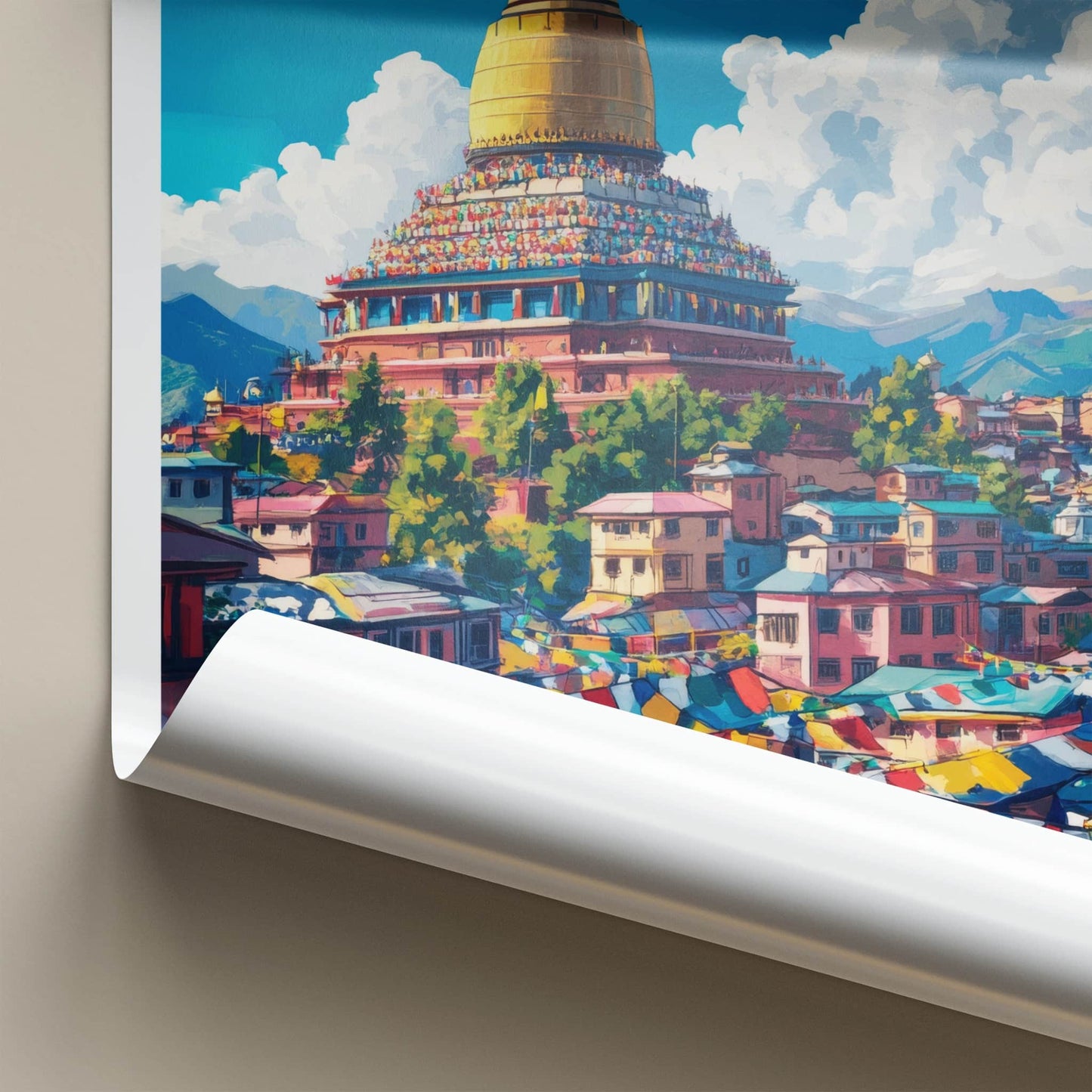 Kathmandu Poster - Nepal Travel Art - Golden Stupa Flags Home Decor