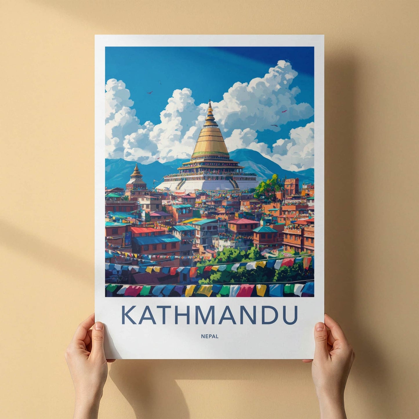 Kathmandu Poster - Nepal Travel Art - Golden Stupa Prayerflags Home Decor