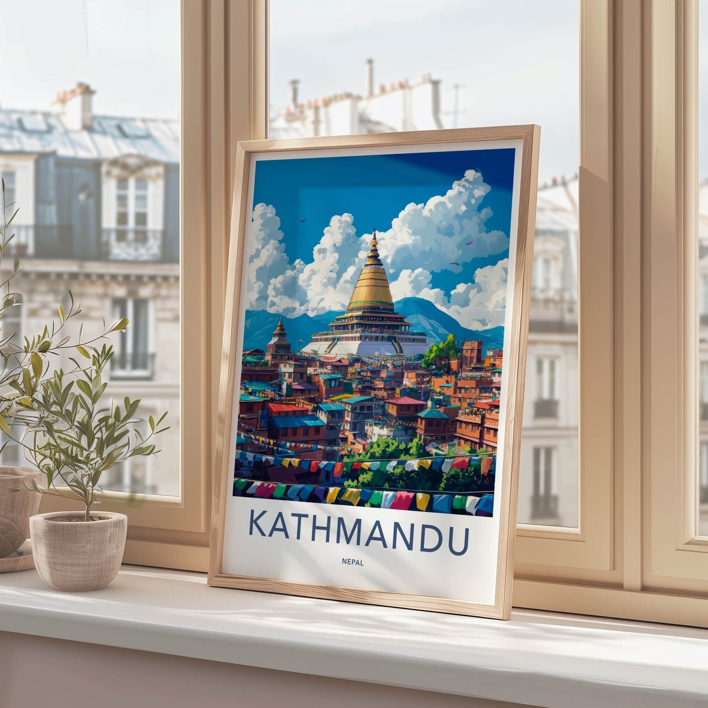 Kathmandu Poster - Nepal Travel Art - Golden Stupa Prayerflags Home Decor