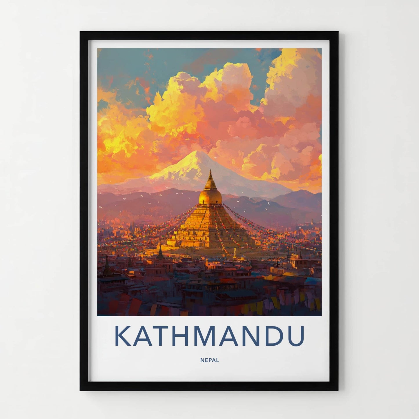 Kathmandu Poster - Nepal Travel Art - Golden Stupa Sunset Home Decor