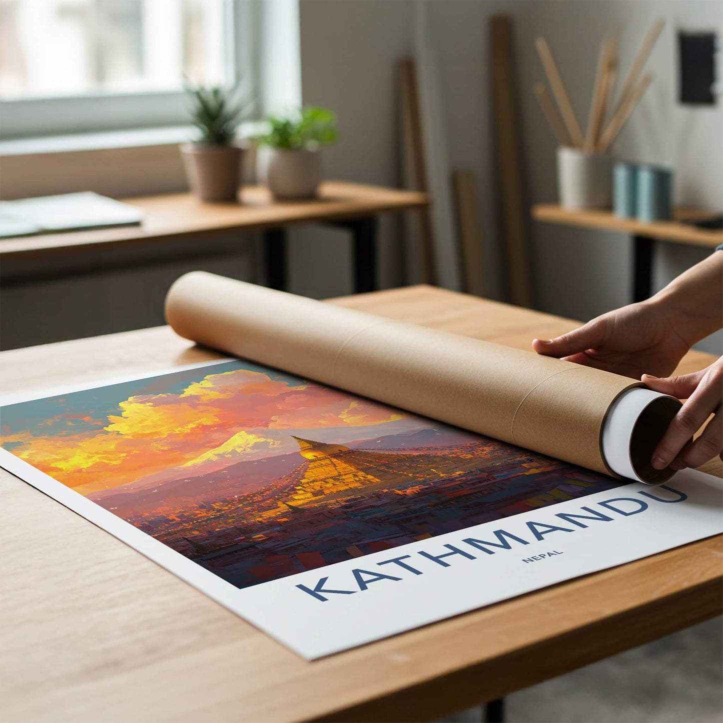 Kathmandu Poster - Nepal Travel Art - Golden Stupa Sunset Home Decor