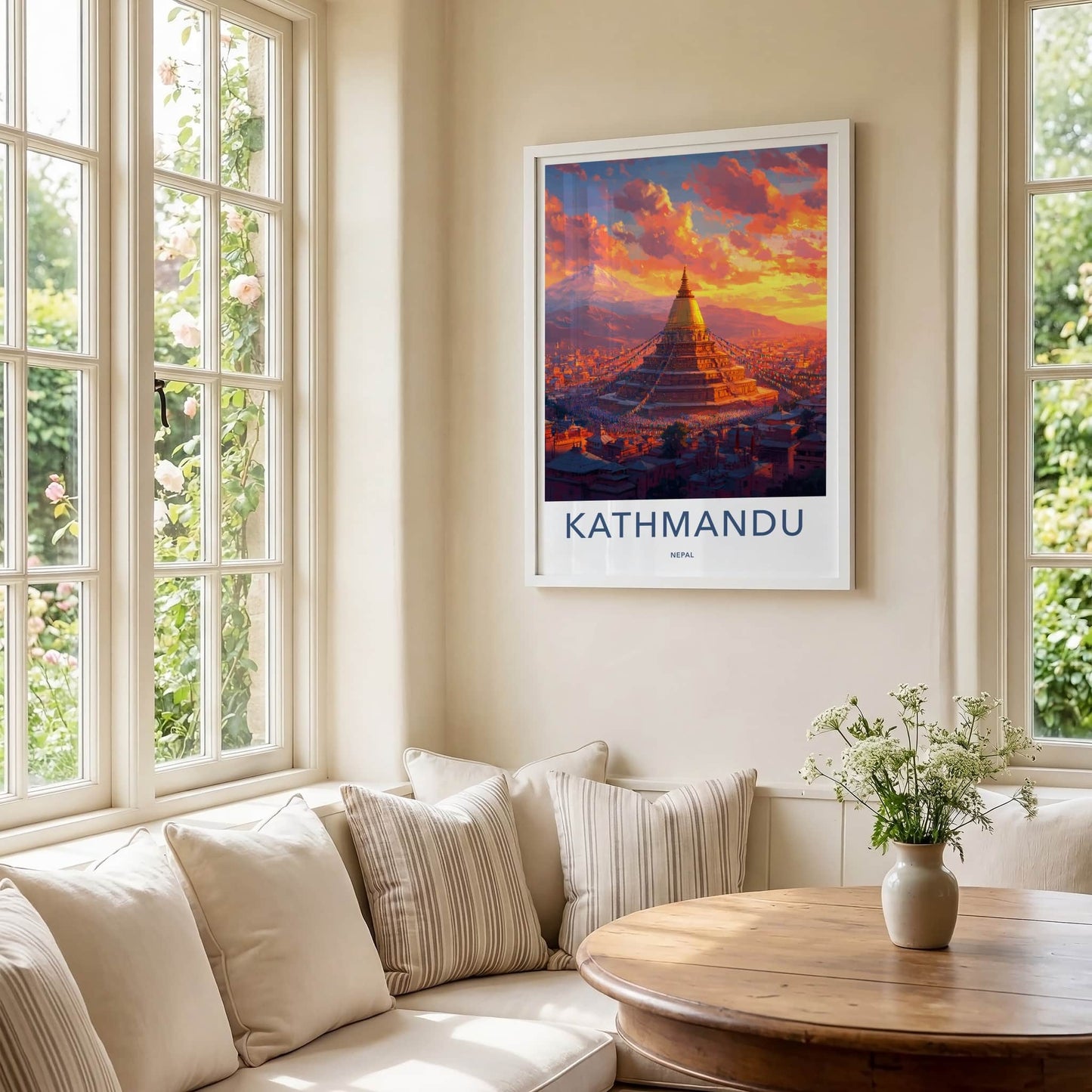 Kathmandu Poster - Nepal Travel Art - Golden Stupa Sunset Home Decor