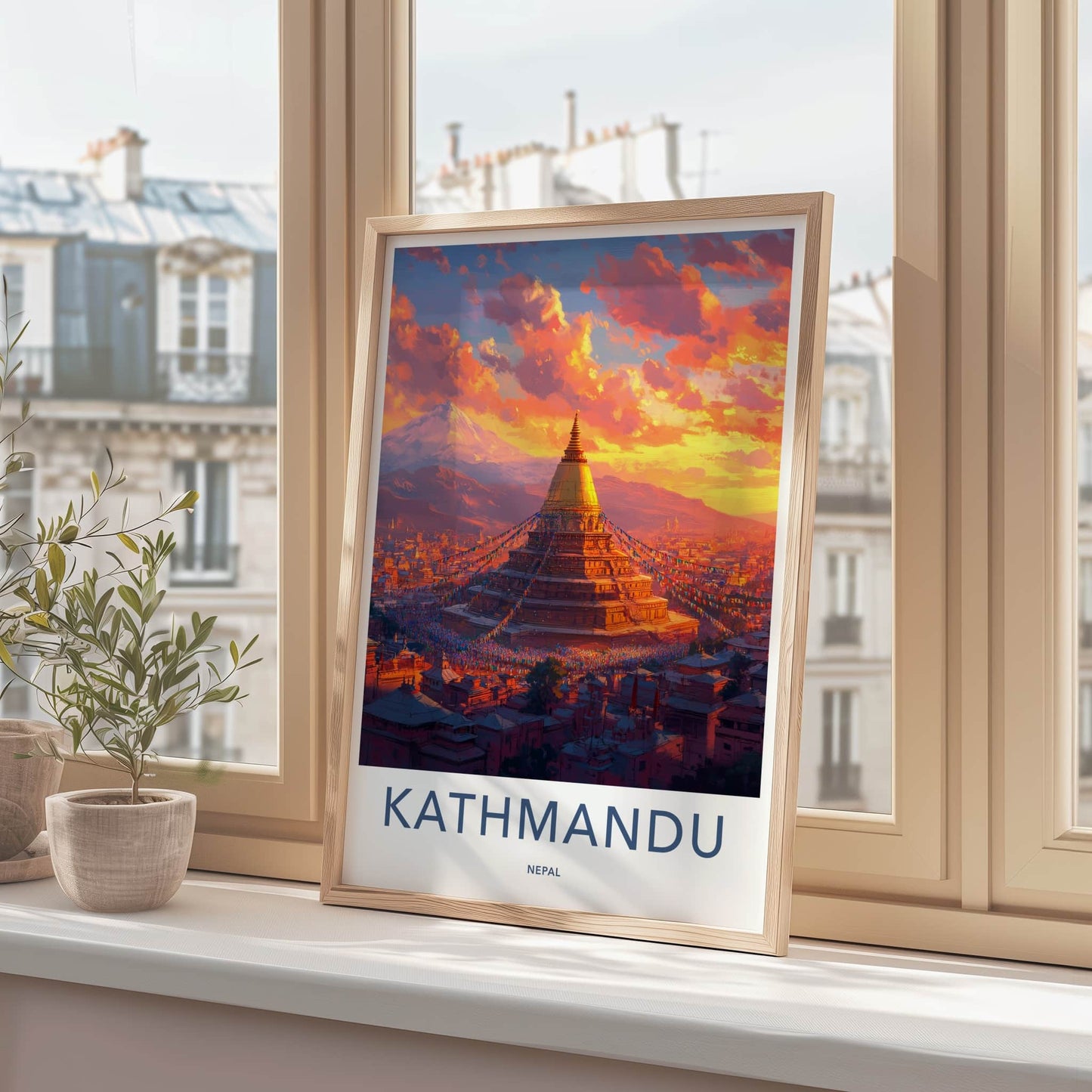 Kathmandu Poster - Nepal Travel Art - Golden Stupa Sunset Home Decor