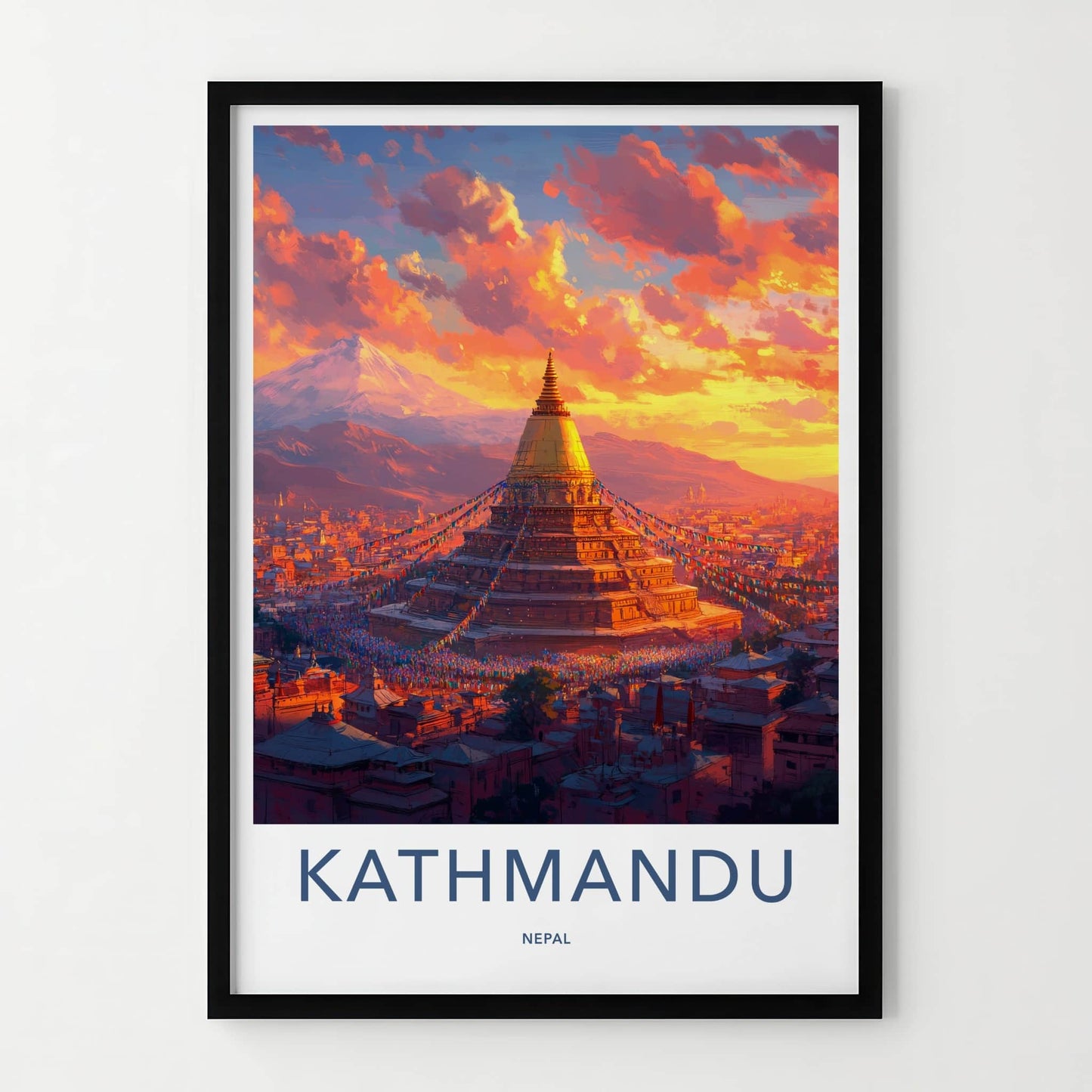 Kathmandu Poster - Nepal Travel Art - Golden Stupa Sunset Home Decor