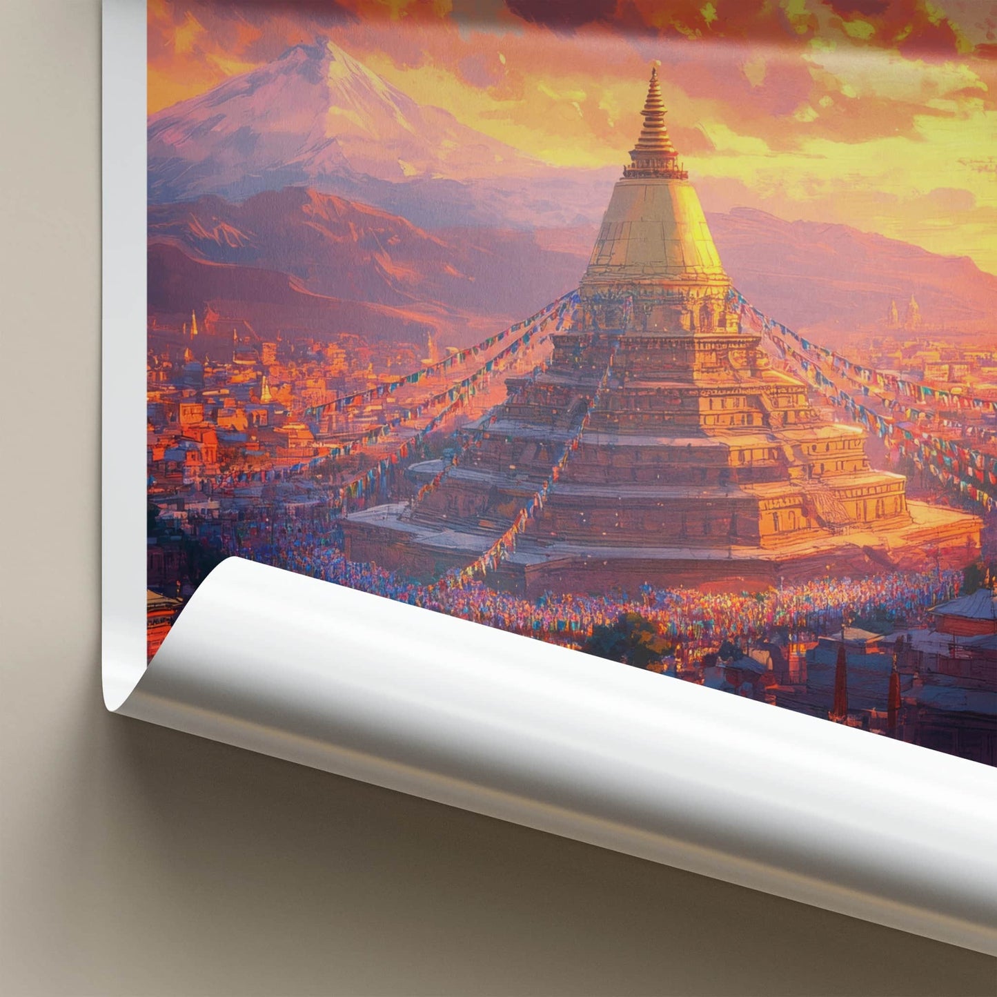Kathmandu Poster - Nepal Travel Art - Golden Stupa Sunset Home Decor