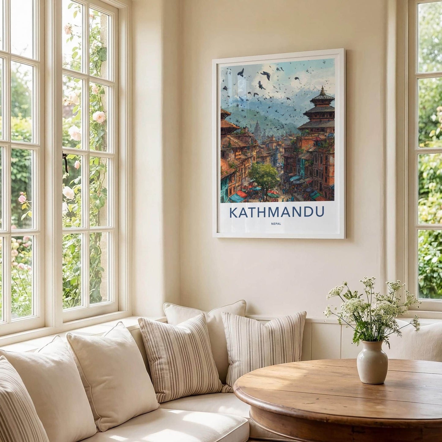 Kathmandu Poster - Nepal Travel Art - Historic Cityscape Birds Wall Decor