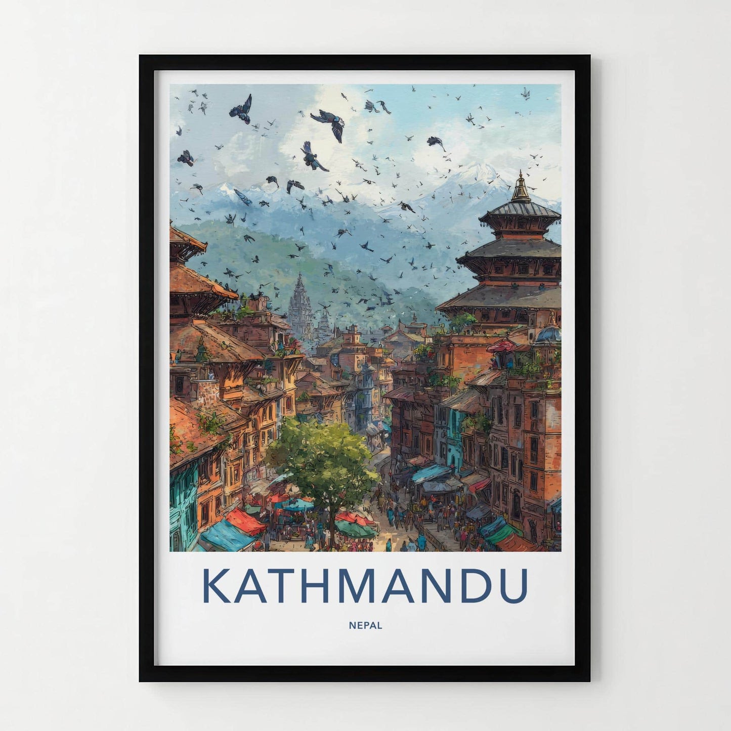 Kathmandu Poster - Nepal Travel Art - Historic Cityscape Birds Wall Decor