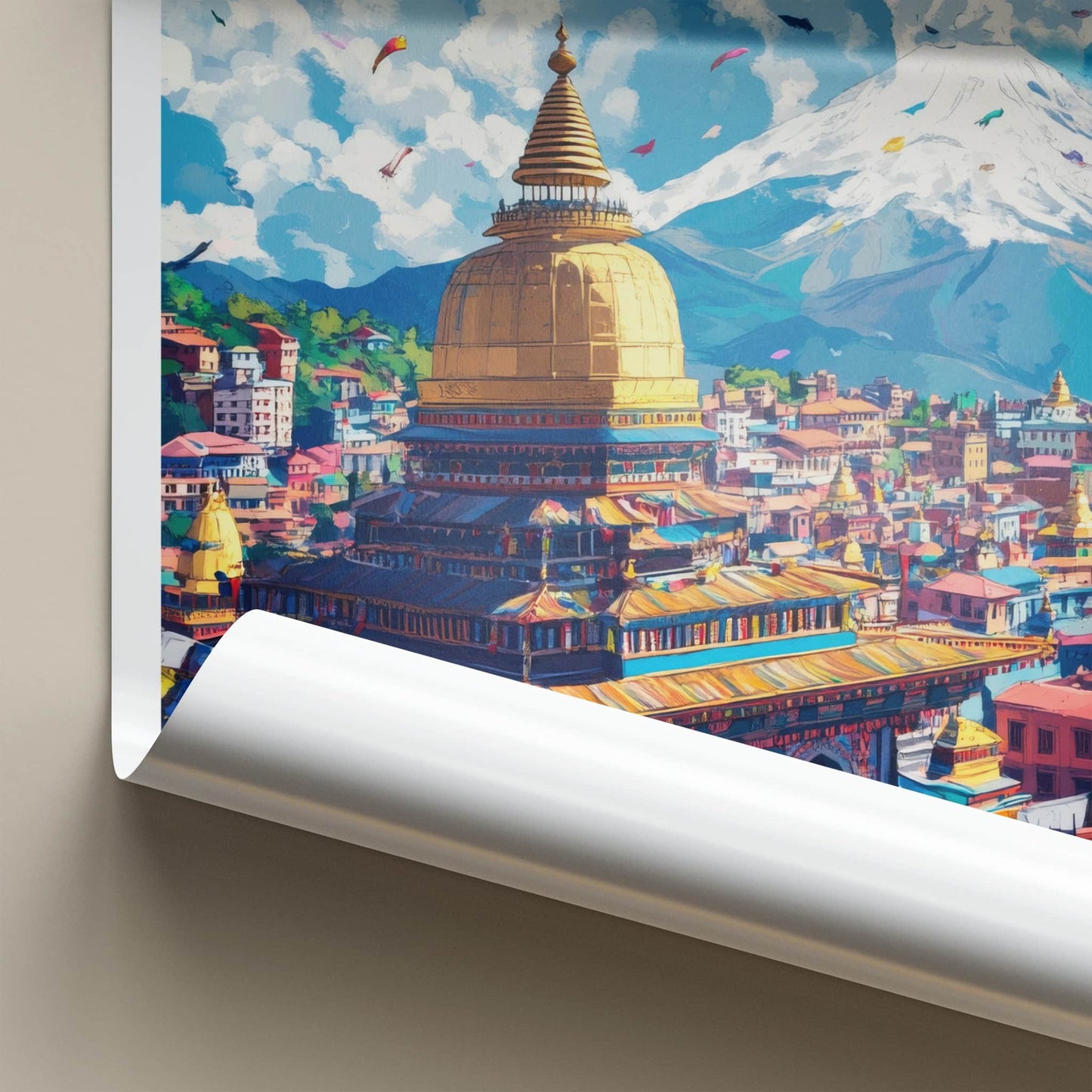 Kathmandu Poster - Nepal Travel Art - Stupa Prayer Flags Home Decor