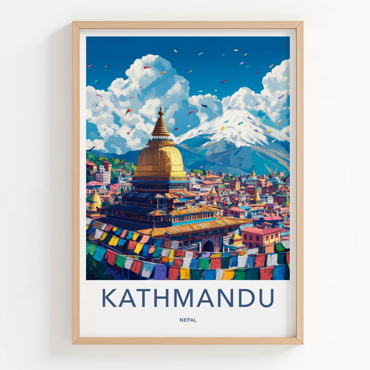 Kathmandu Poster - Nepal Travel Art - Stupa Prayer Flags Home Decor