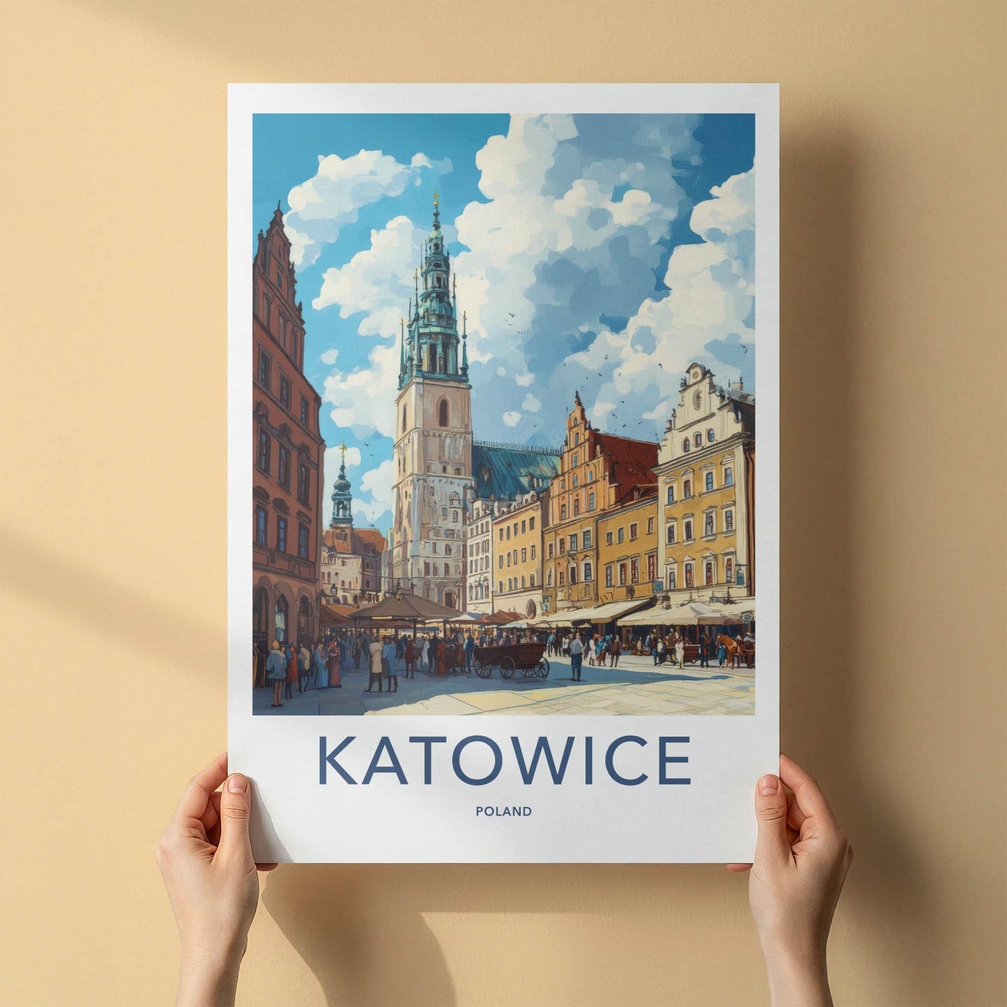Katowice Poster - Poland Travel Art - Bustling Market Square Wall Decor