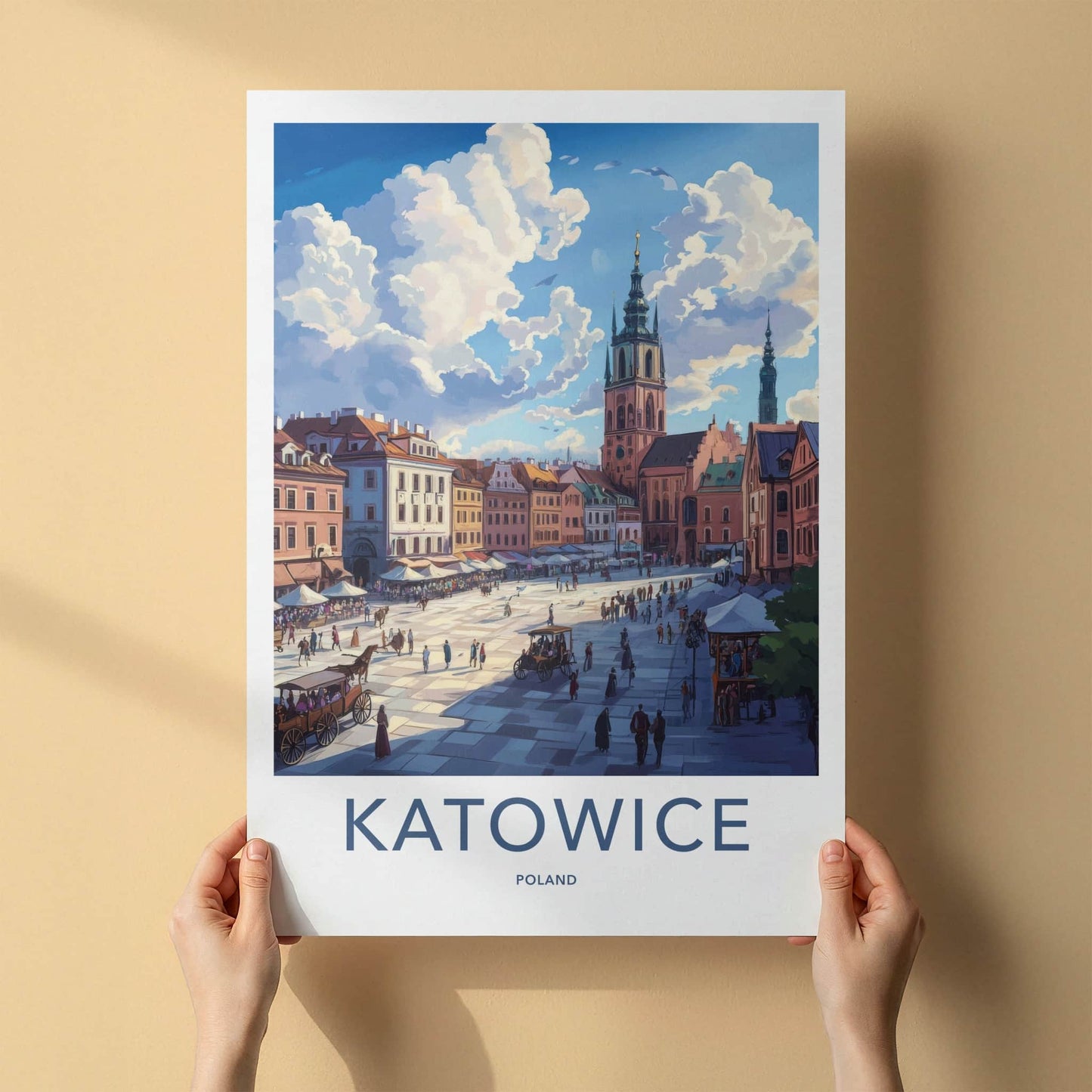 Katowice Poster - Poland Travel Art - Lively Town Square Home Decor
