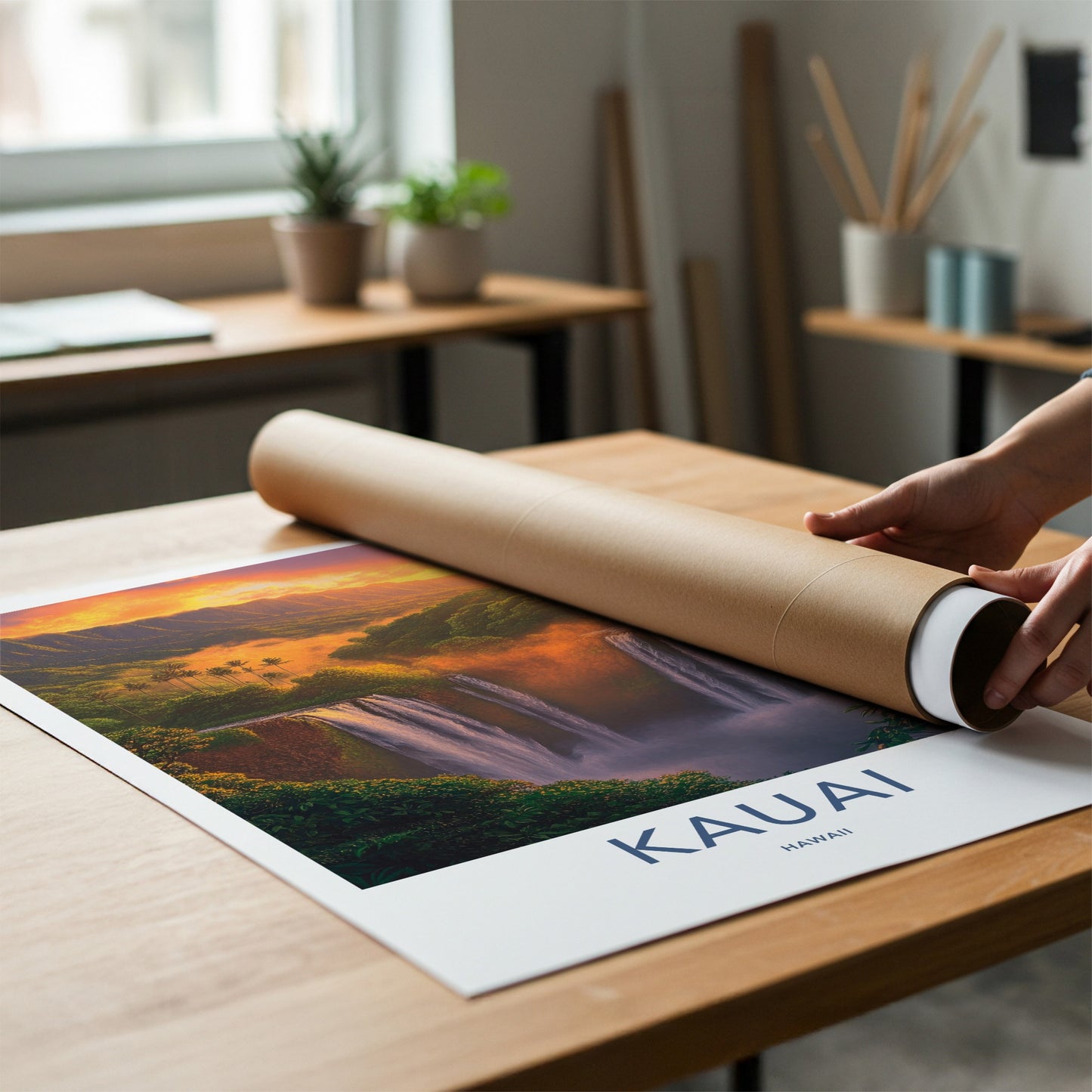 Kauai Poster - Hawaii Travel Art - Golden Sunset Waterfalls Wall Decor