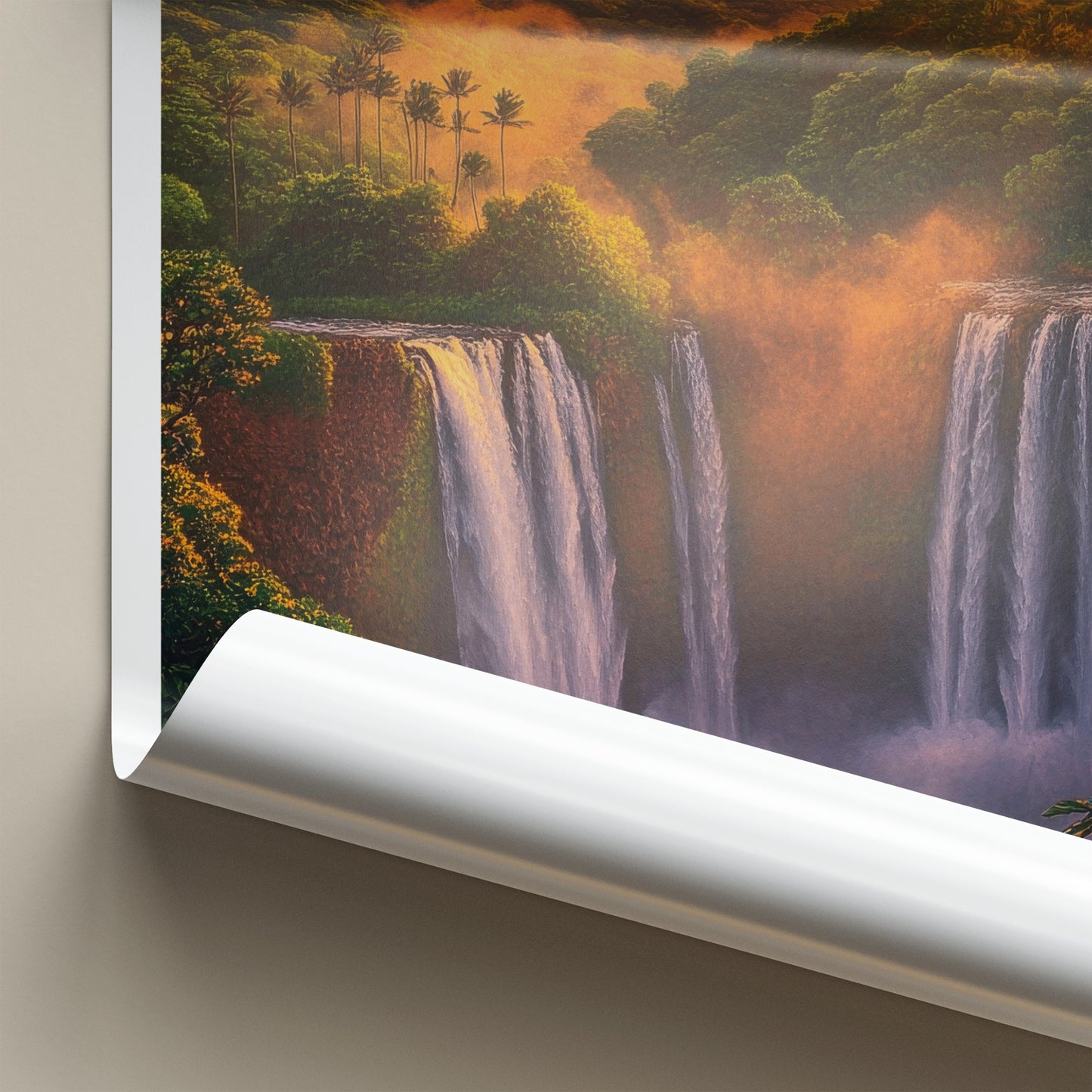 Kauai Poster - Hawaii Travel Art - Golden Sunset Waterfalls Wall Decor