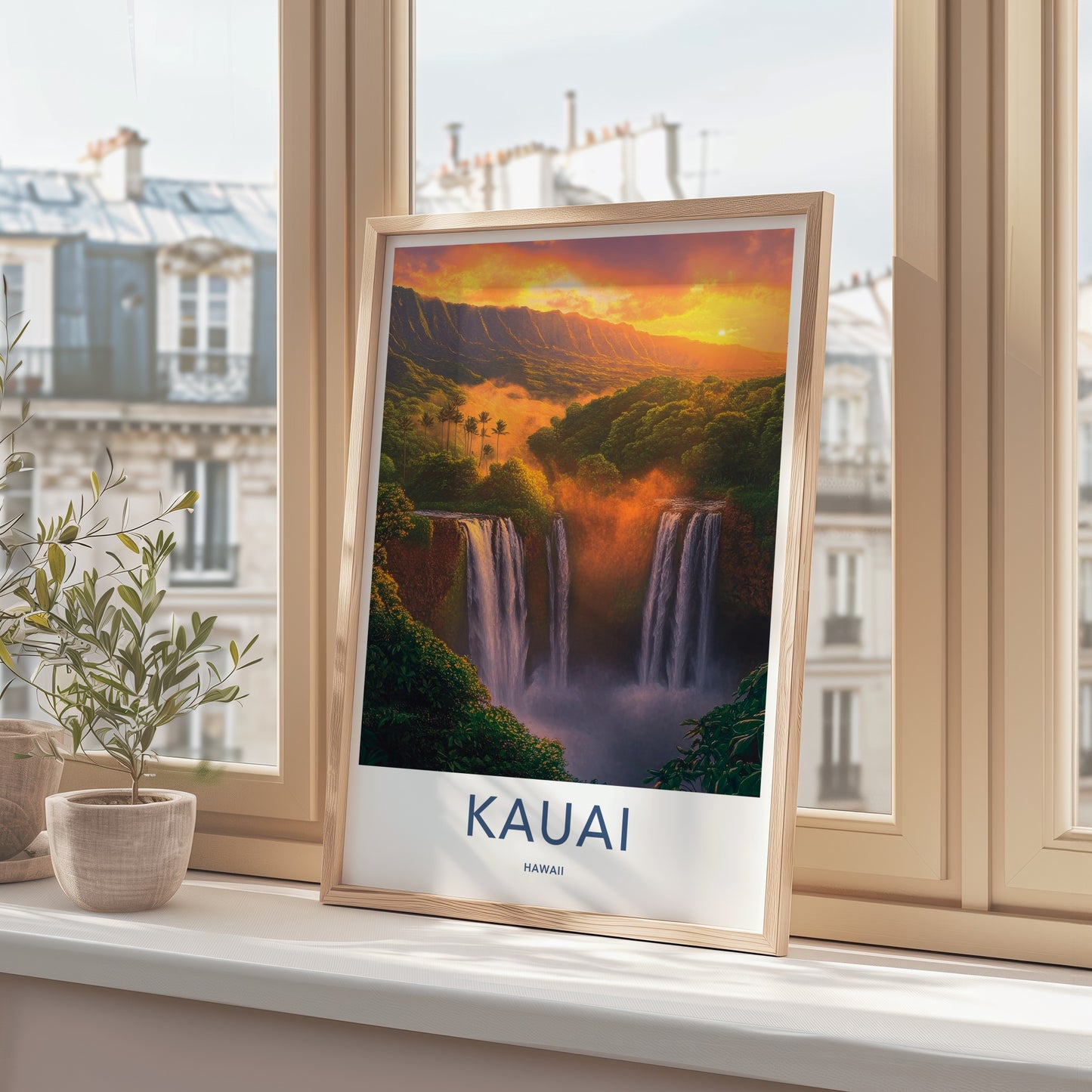 Kauai Poster - Hawaii Travel Art - Golden Sunset Waterfalls Wall Decor