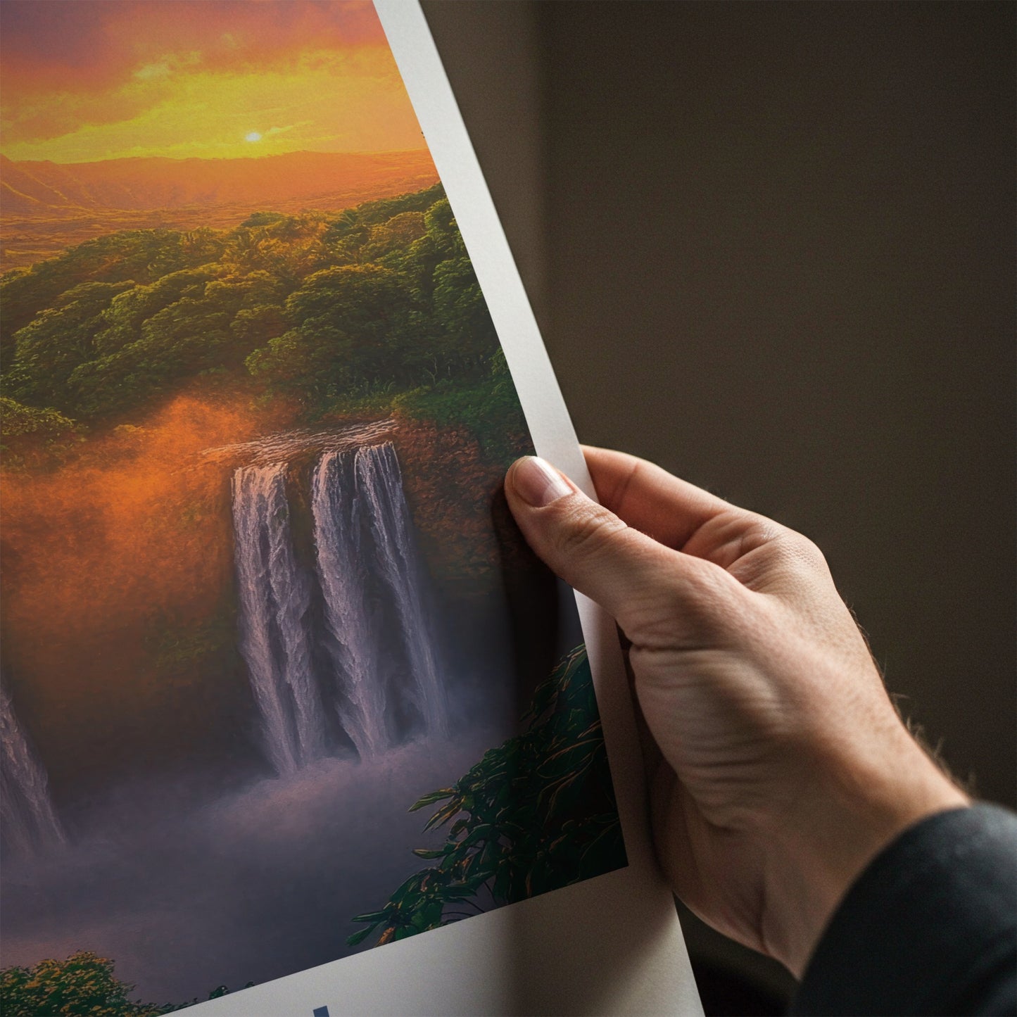 Kauai Poster - Hawaii Travel Art - Golden Sunset Waterfalls Wall Decor